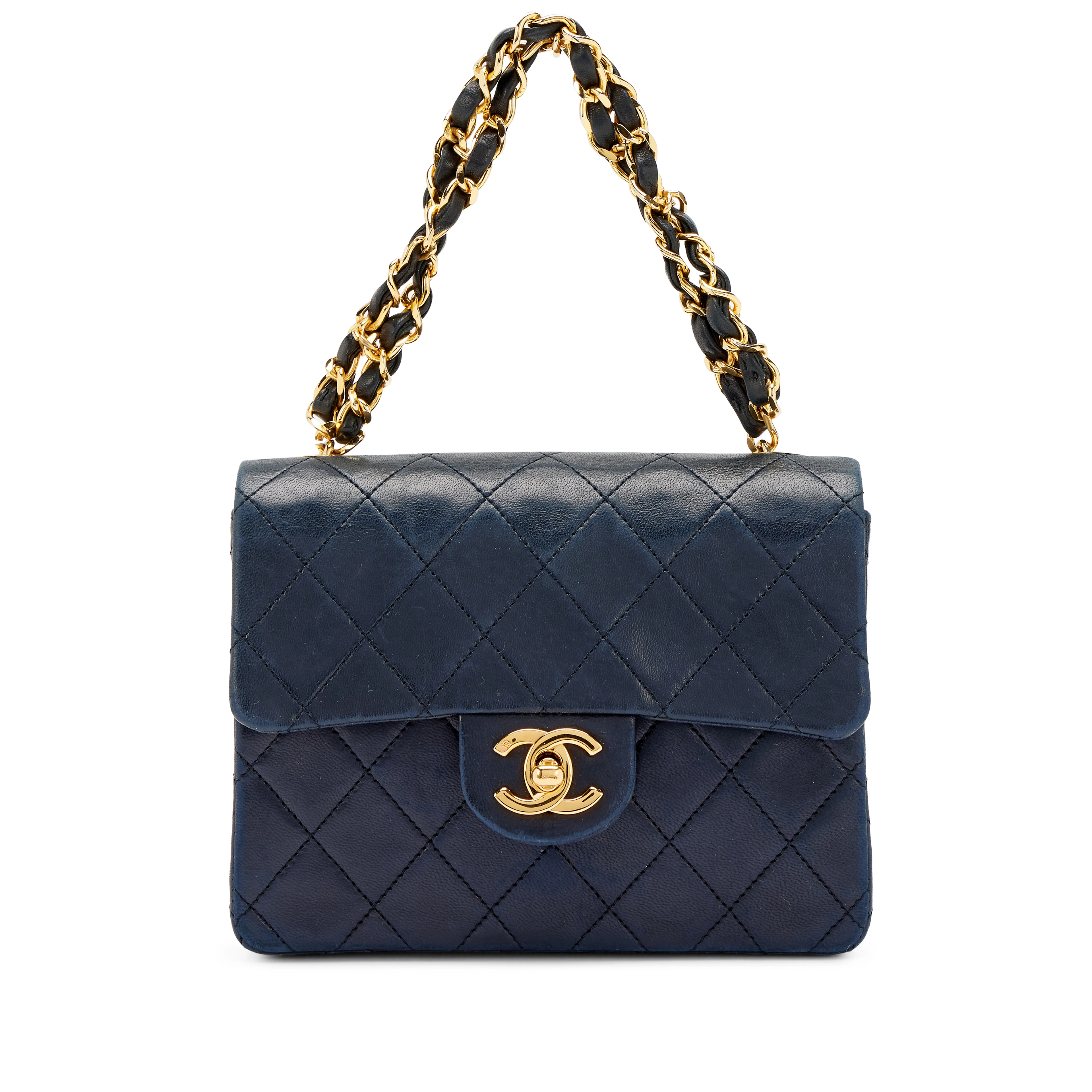 Vintage Navy Blue Quilted Lambskin Mini Square Flap with Chain Handle