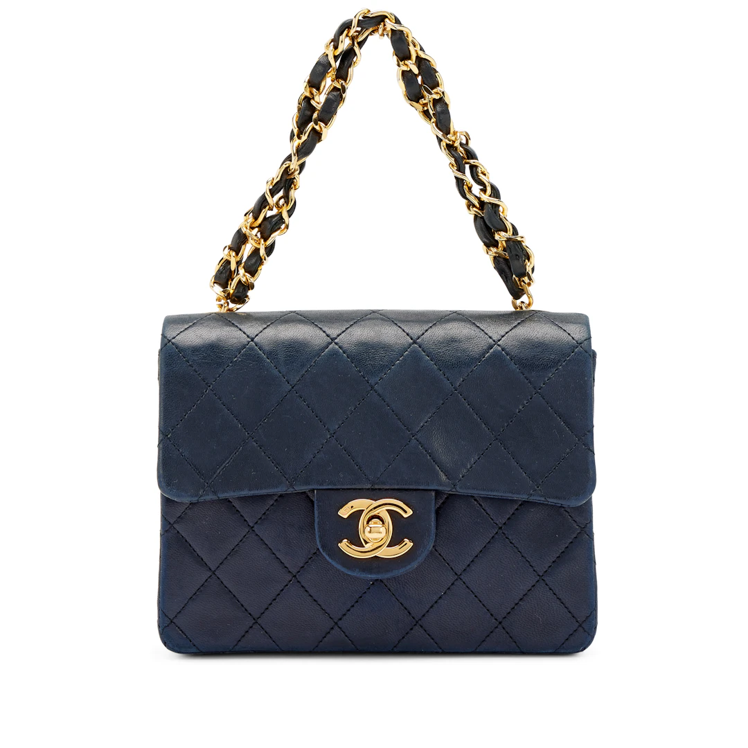 Vintage Navy Blue Quilted Lambskin Mini Square Flap with Chain Handle
