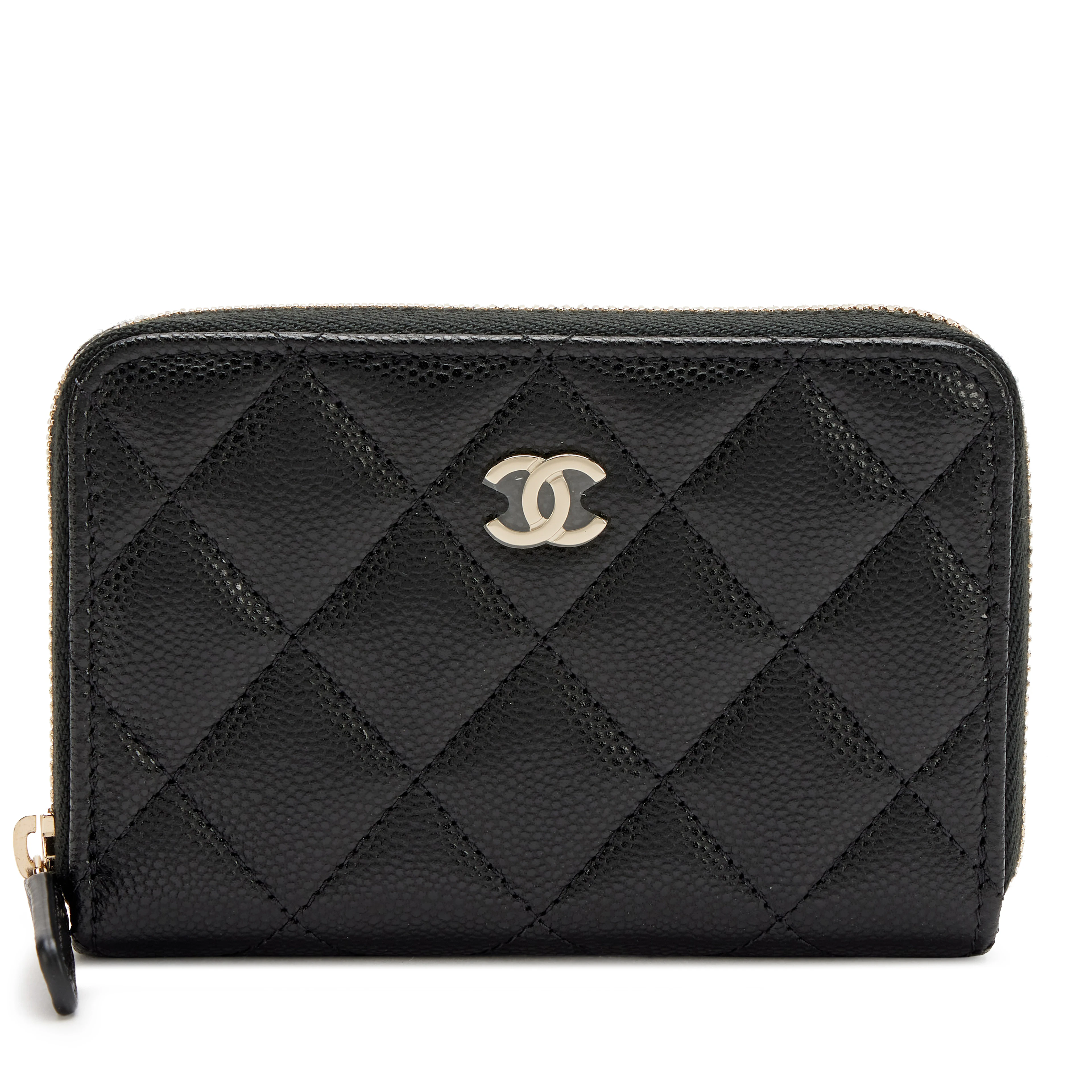Black Quilted Caviar Zip Around Small/Medium Card Holder Coin Wallet