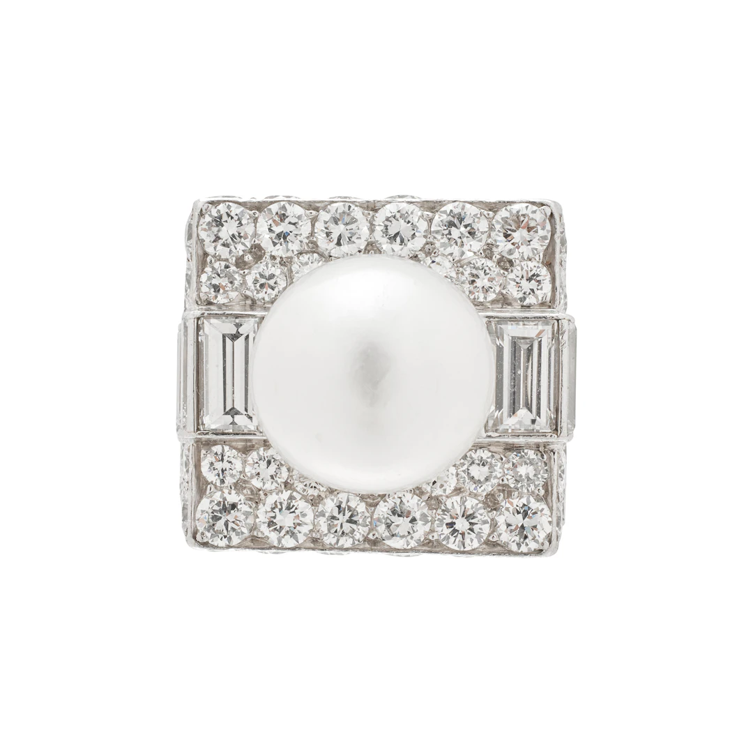 Vintage Platinum, Cultured Pearl and Diamond Trombino Ring