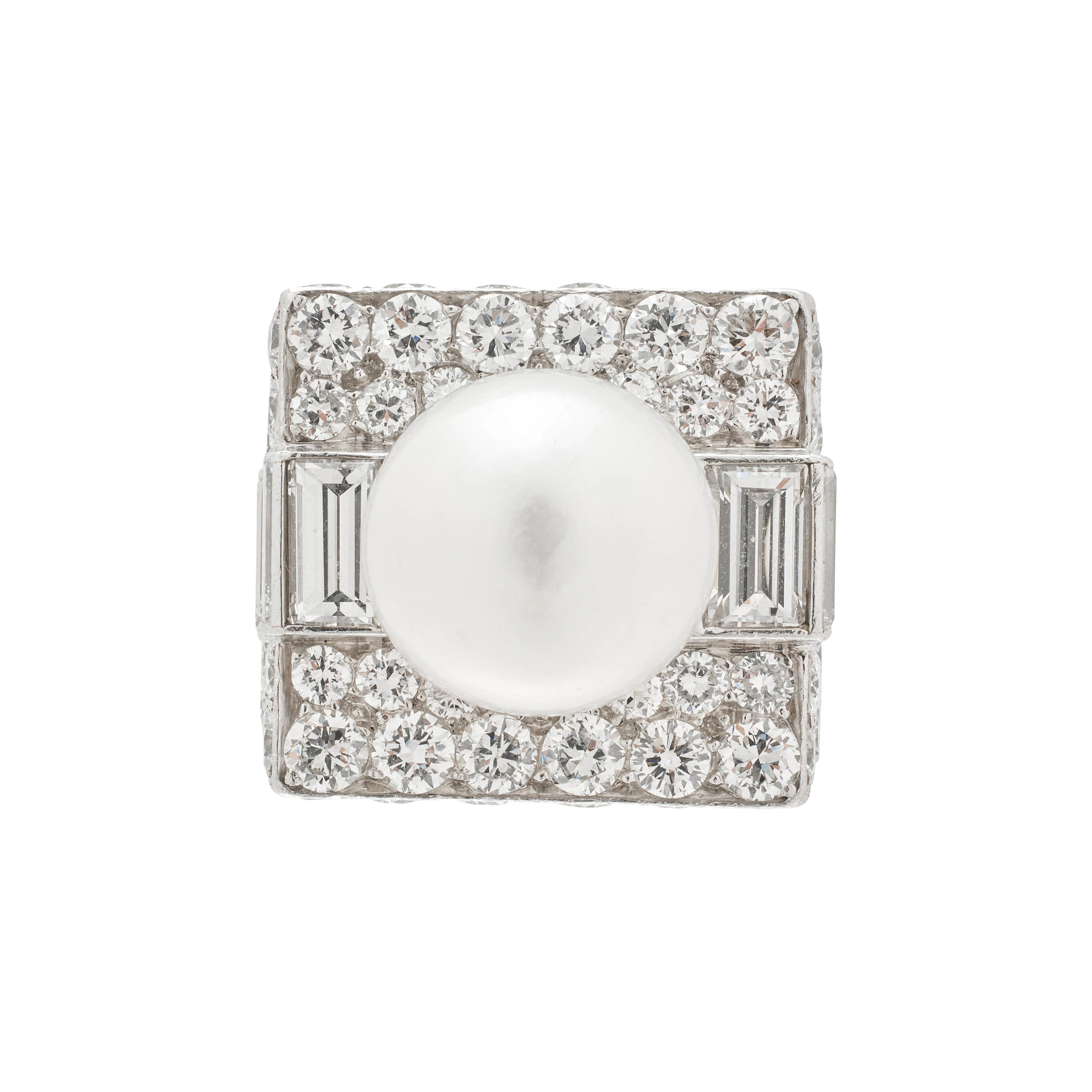 Vintage Platinum, Cultured Pearl and Diamond Trombino Ring