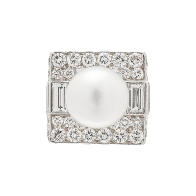 Vintage Platinum, Cultured Pearl and Diamond Trombino Ring