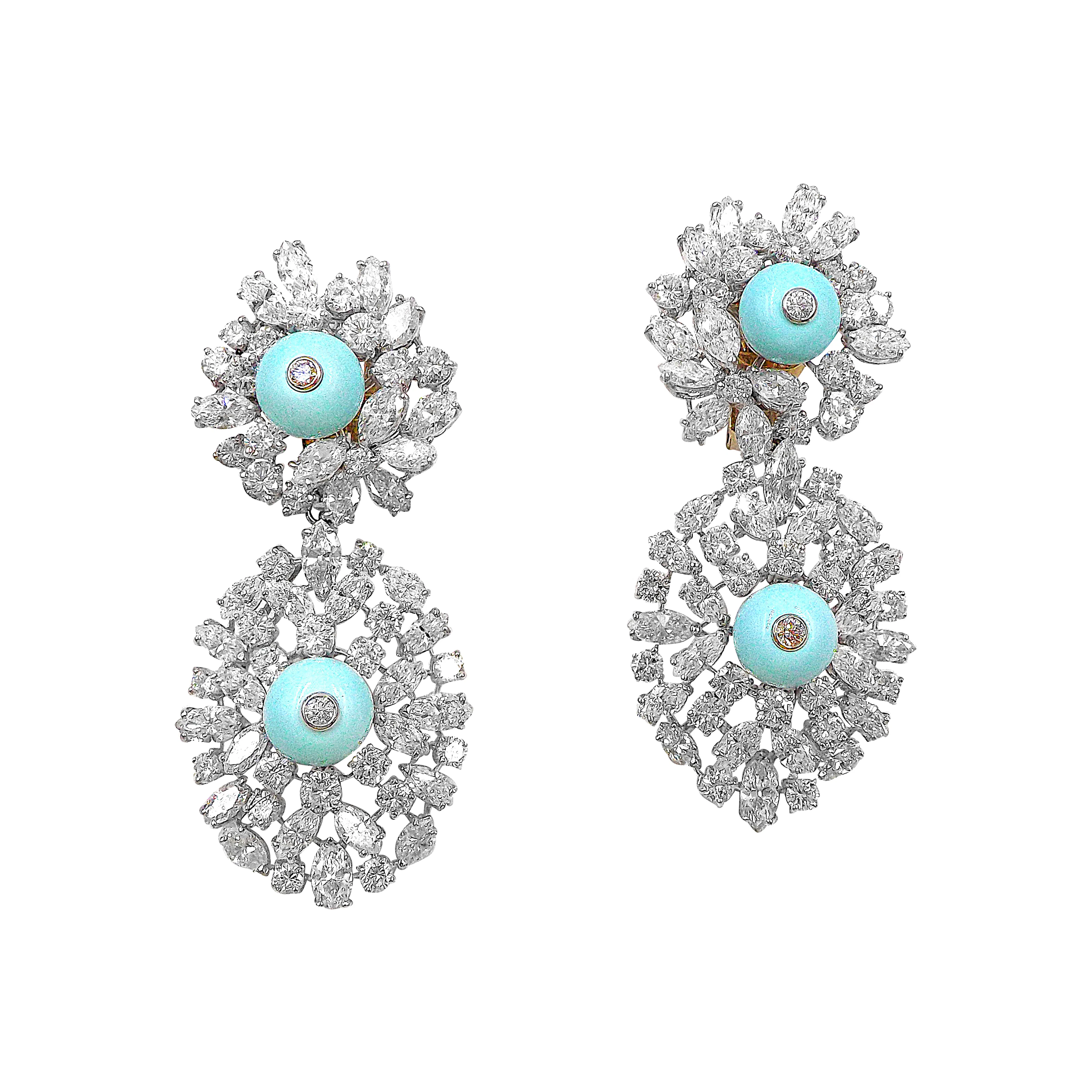 Platinum, Gold, Turquoise and Diamond Day & Night Earclips