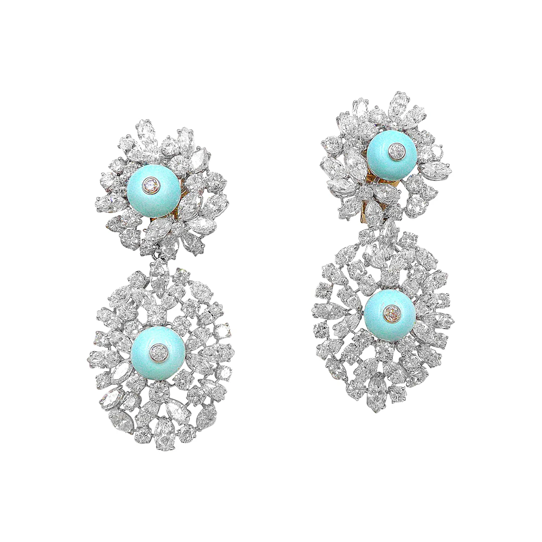 Platinum, Gold, Turquoise and Diamond Day & Night Earclips