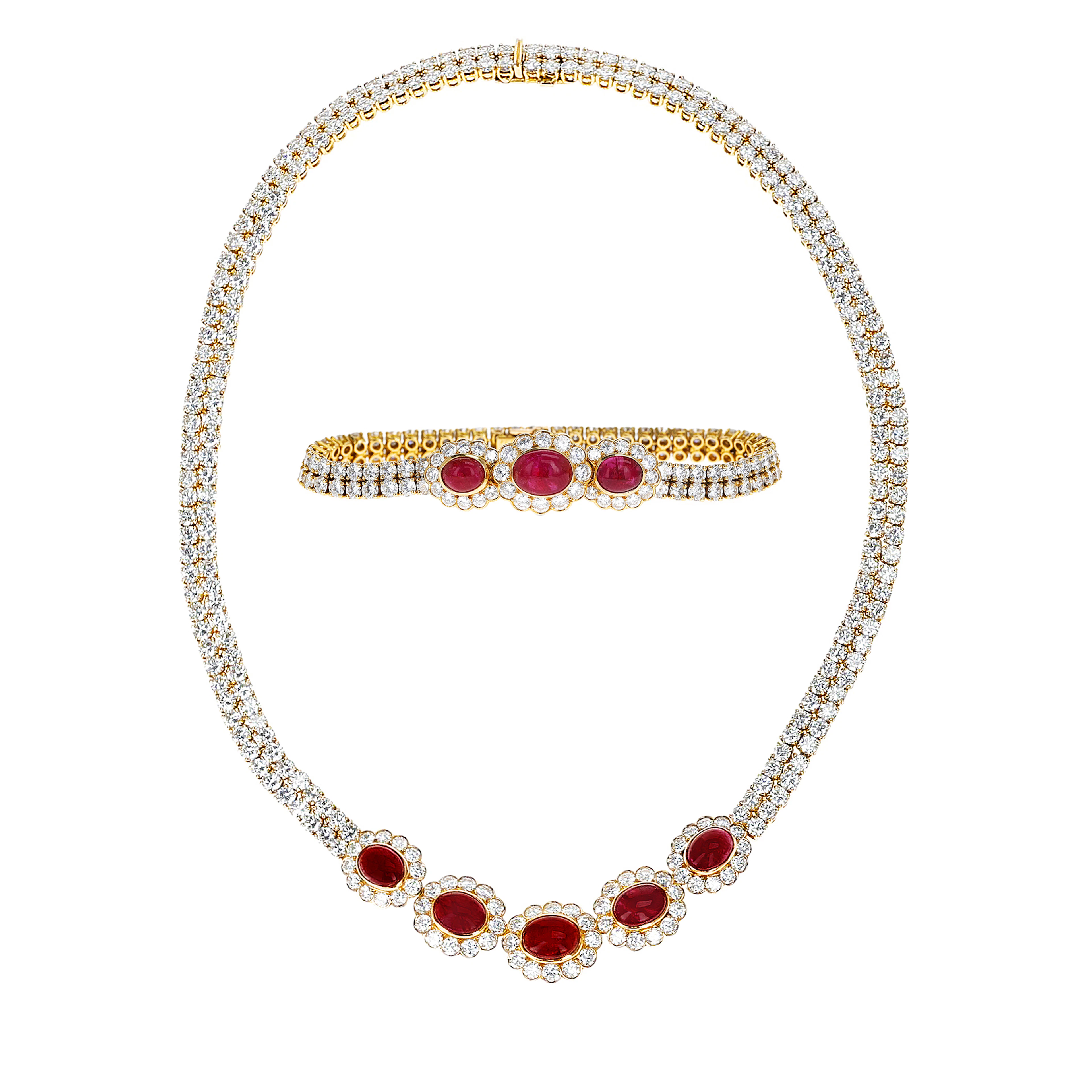Gold, Burmese Ruby, Diamond Necklace and Bracelet Set