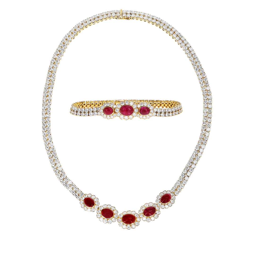 Gold, Burmese Ruby, Diamond Necklace and Bracelet Set