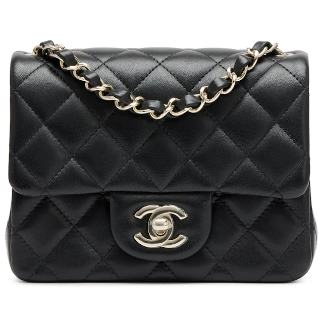 Black Quilted Lambskin Mini Square Classic Single Flap Bag Light Gold