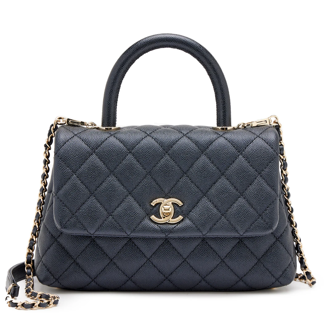 Dark Blue Quilted Iridescent Pearly Caviar Mini Coco Top Handle Flap