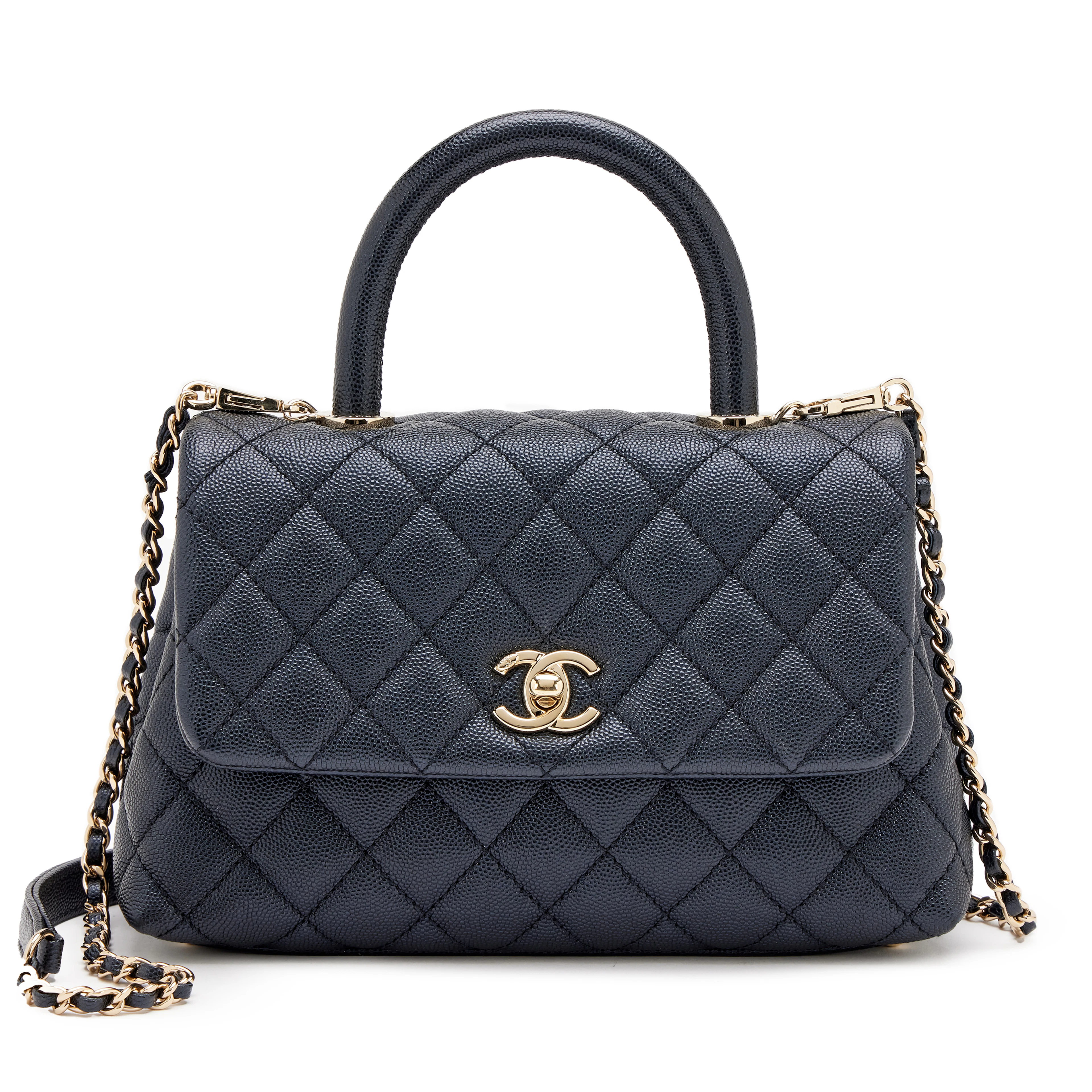 Dark Blue Quilted Iridescent Pearly Caviar Mini Coco Top Handle Flap