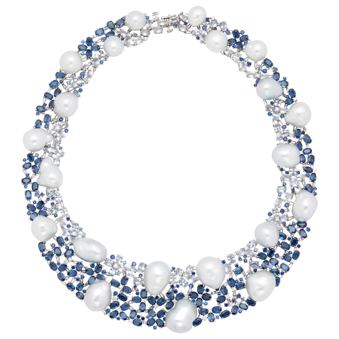 White Gold, Cultured Pearl, Sapphire and Diamond Collar Necklace