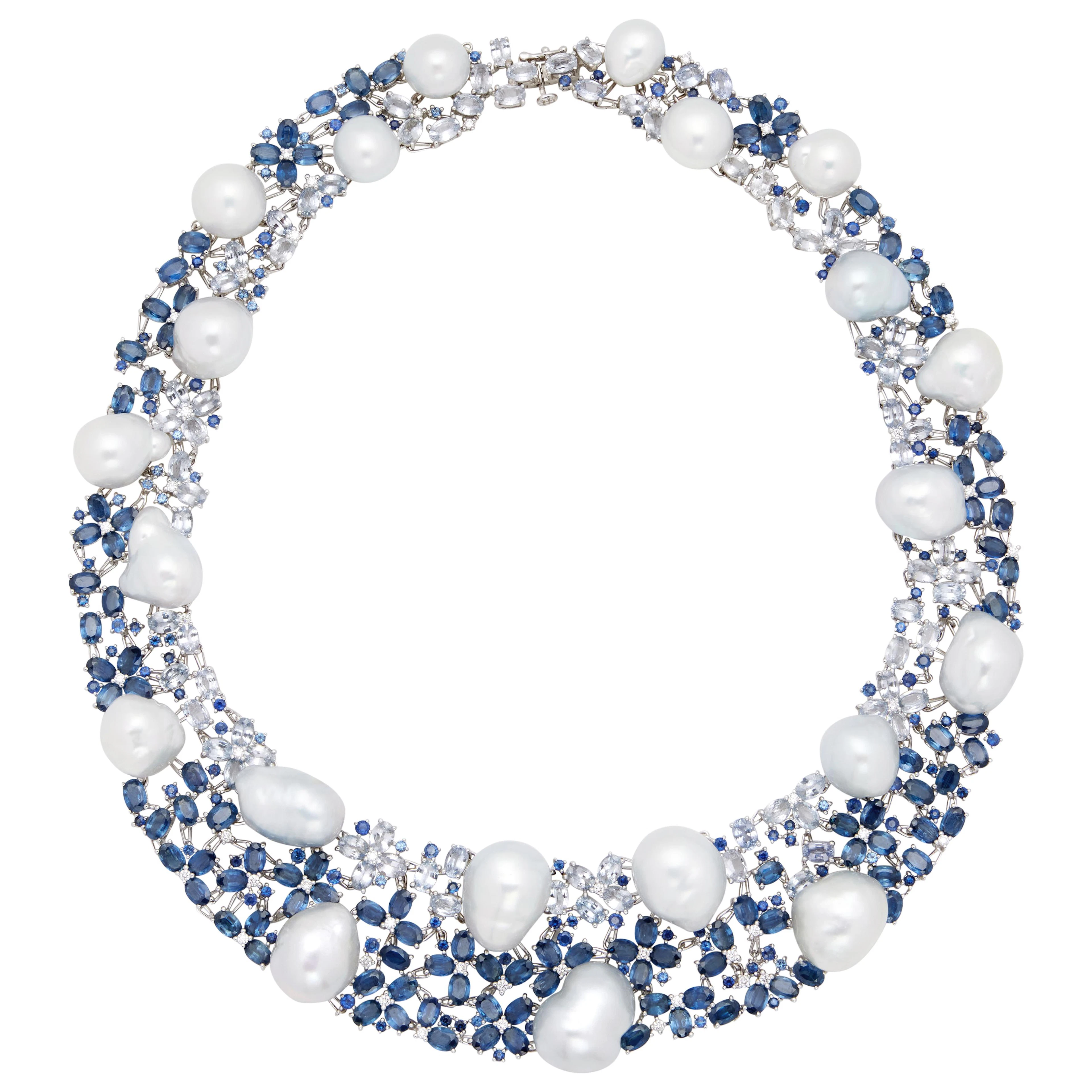 White Gold, Cultured Pearl, Sapphire and Diamond Collar Necklace