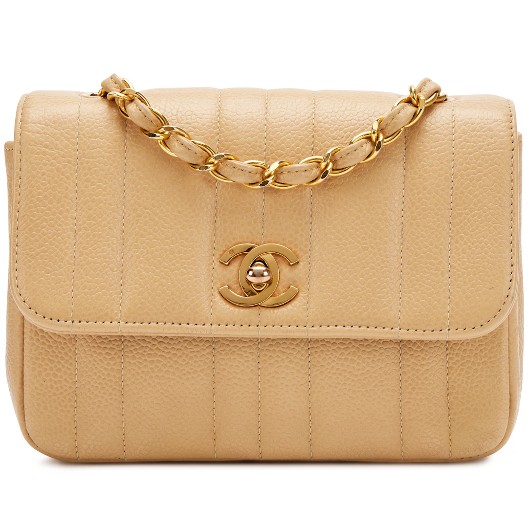 Vintage Beige Vertical Quilted Caviar Mini Flap Bag Gold Hardware, 1994-1996