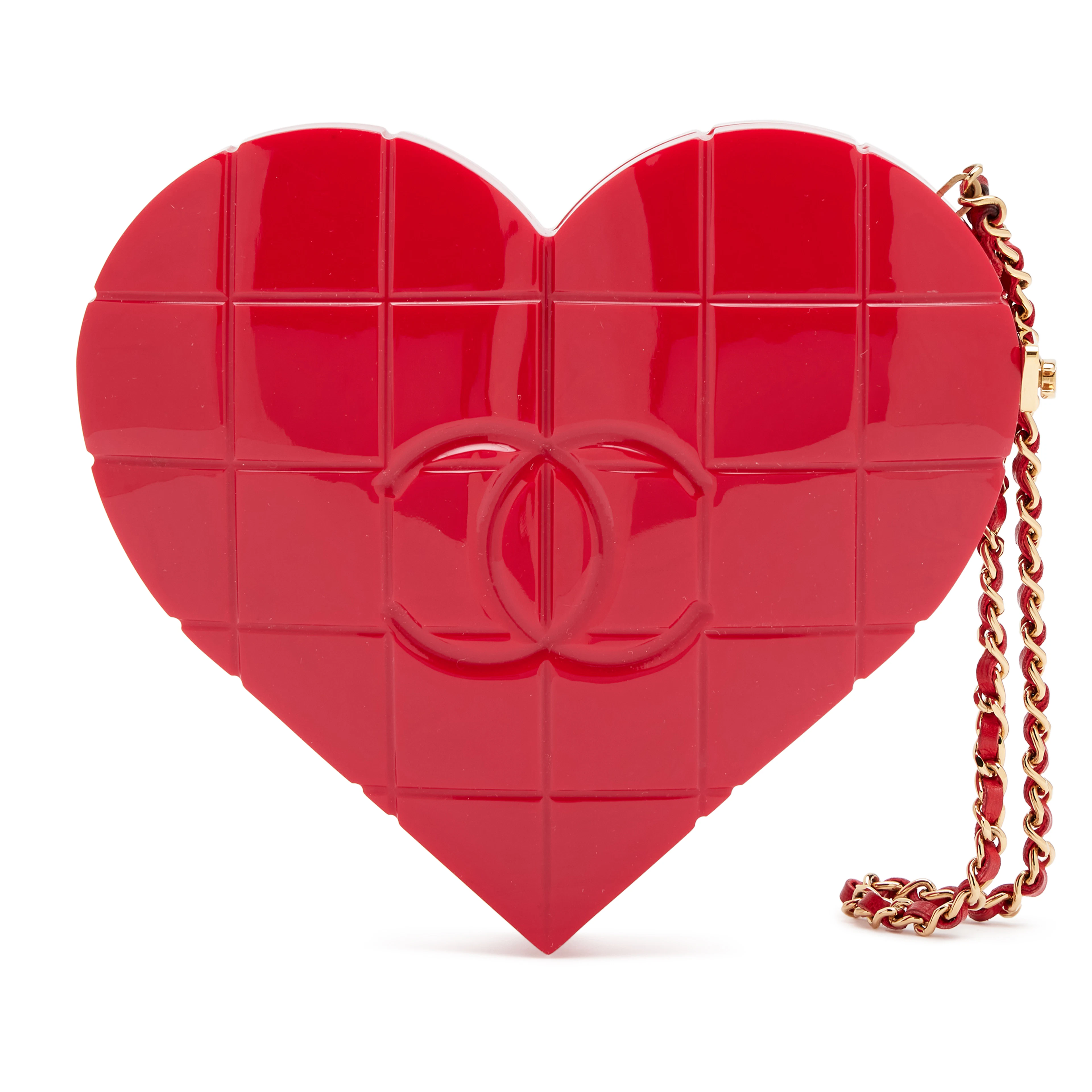 Vintage Red Lucite Chocolate Bar Heart Clutch Minaudière Gold Hardware, 2002