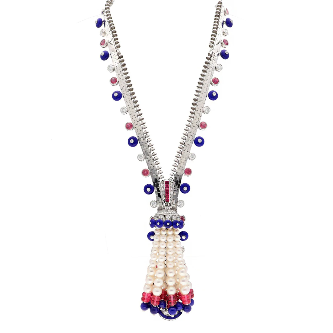 White Gold, Tourmaline, Lapis Lazuli, Cultured Pearls and Diamond