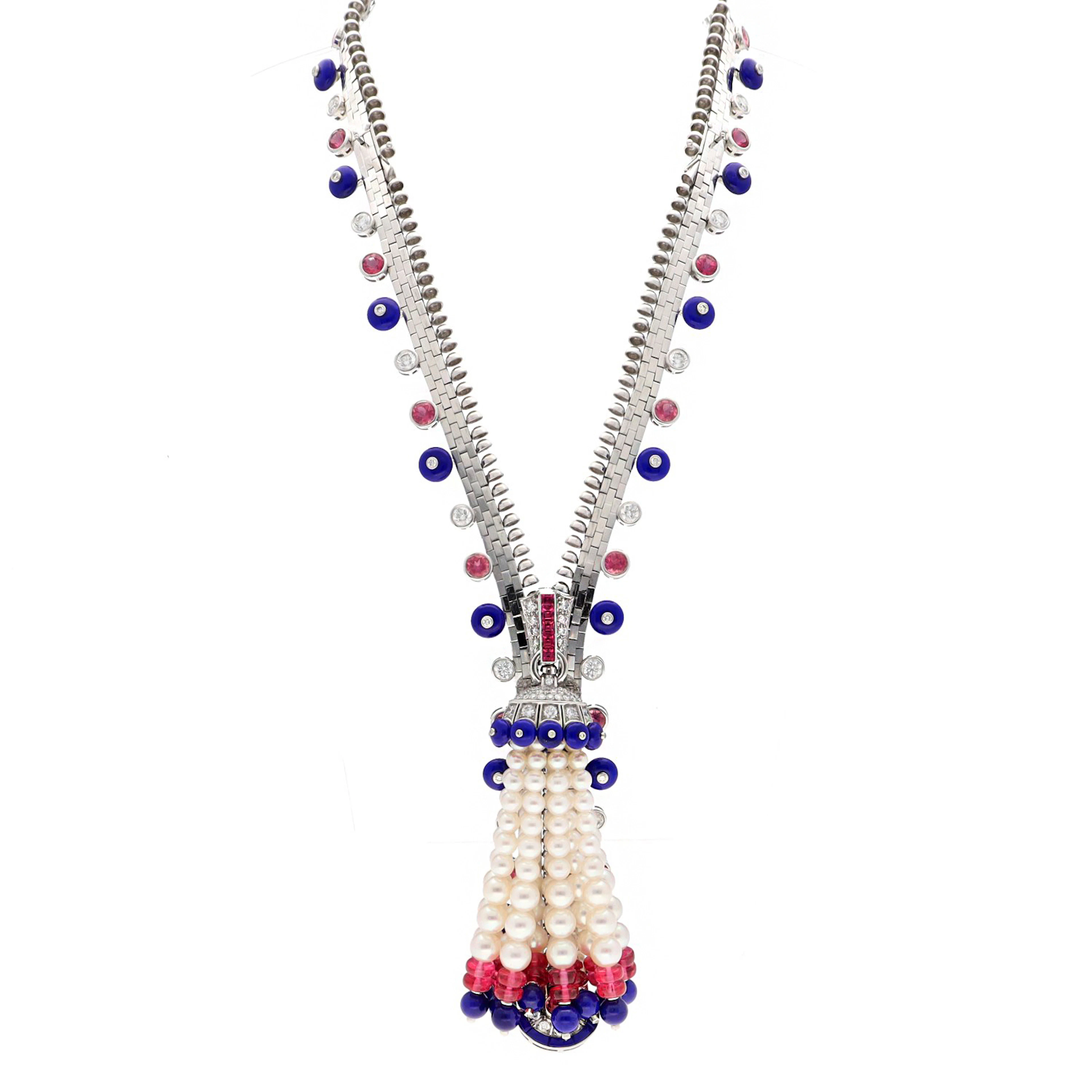 White Gold, Tourmaline, Lapis Lazuli, Cultured Pearls and Diamond