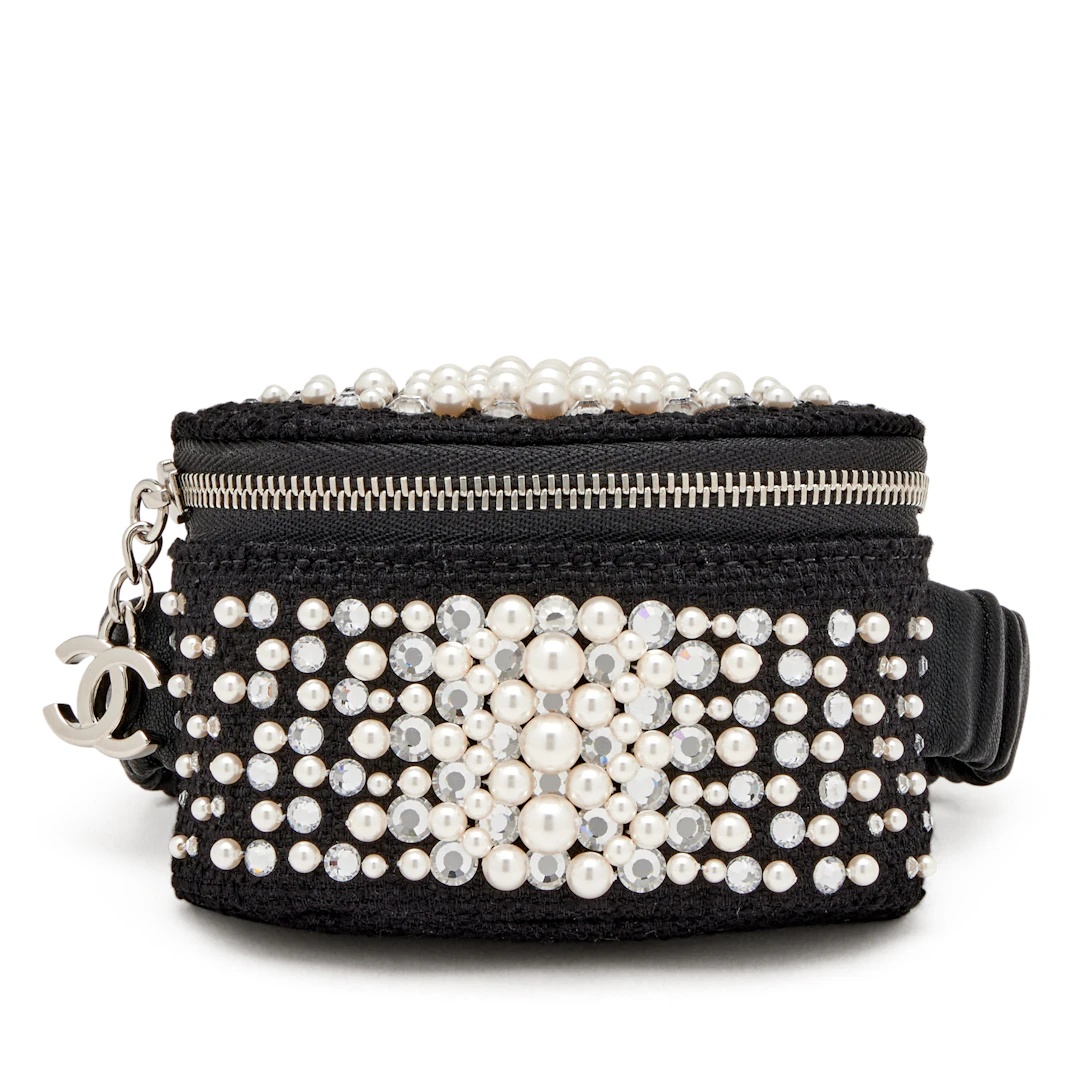 Black Tweed, Imitation Pearl and Strass Arm Band Pouch Silver Hardware, 2021