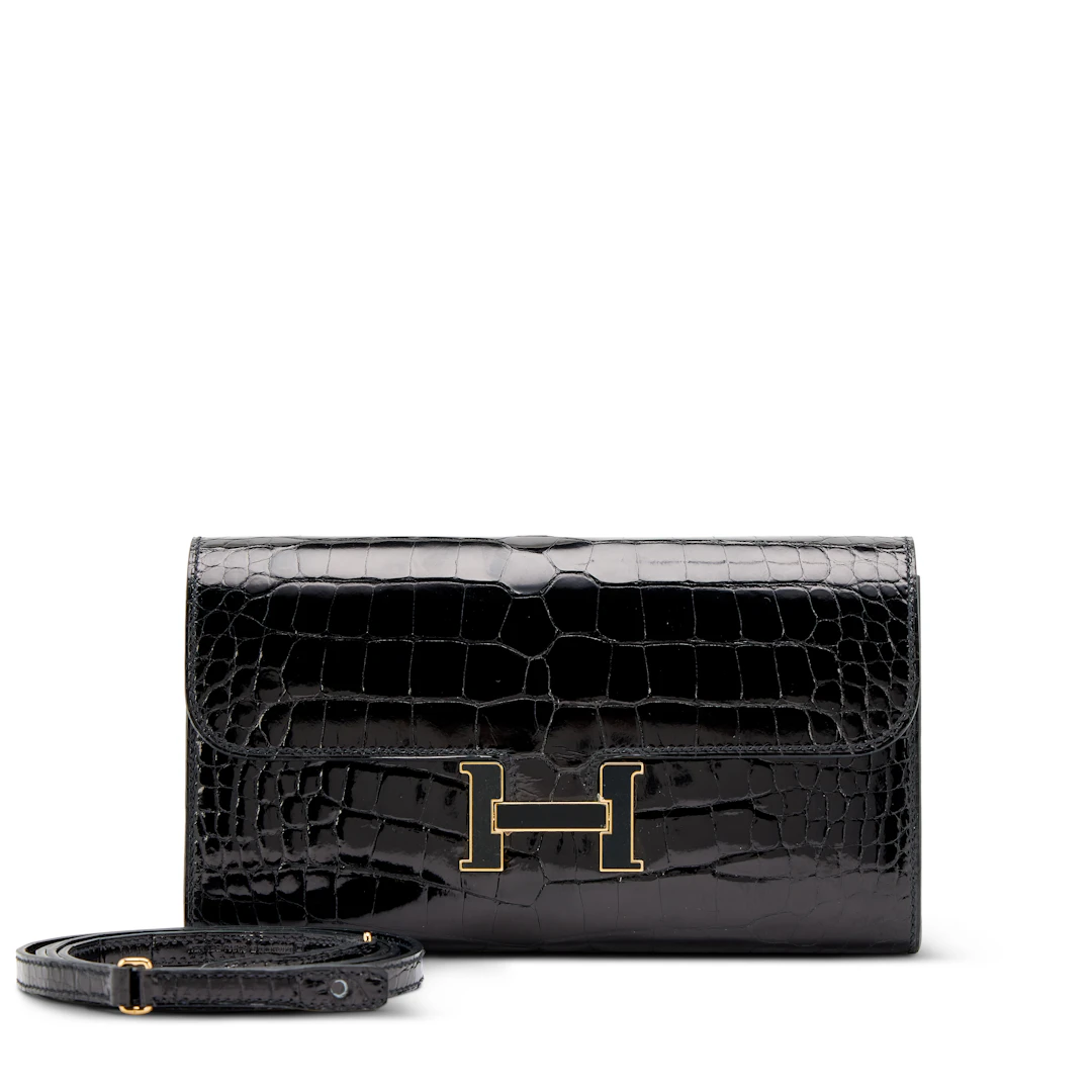 Black Shiny Alligator Constance-To-Go Wallet Black and Gold Enamel
