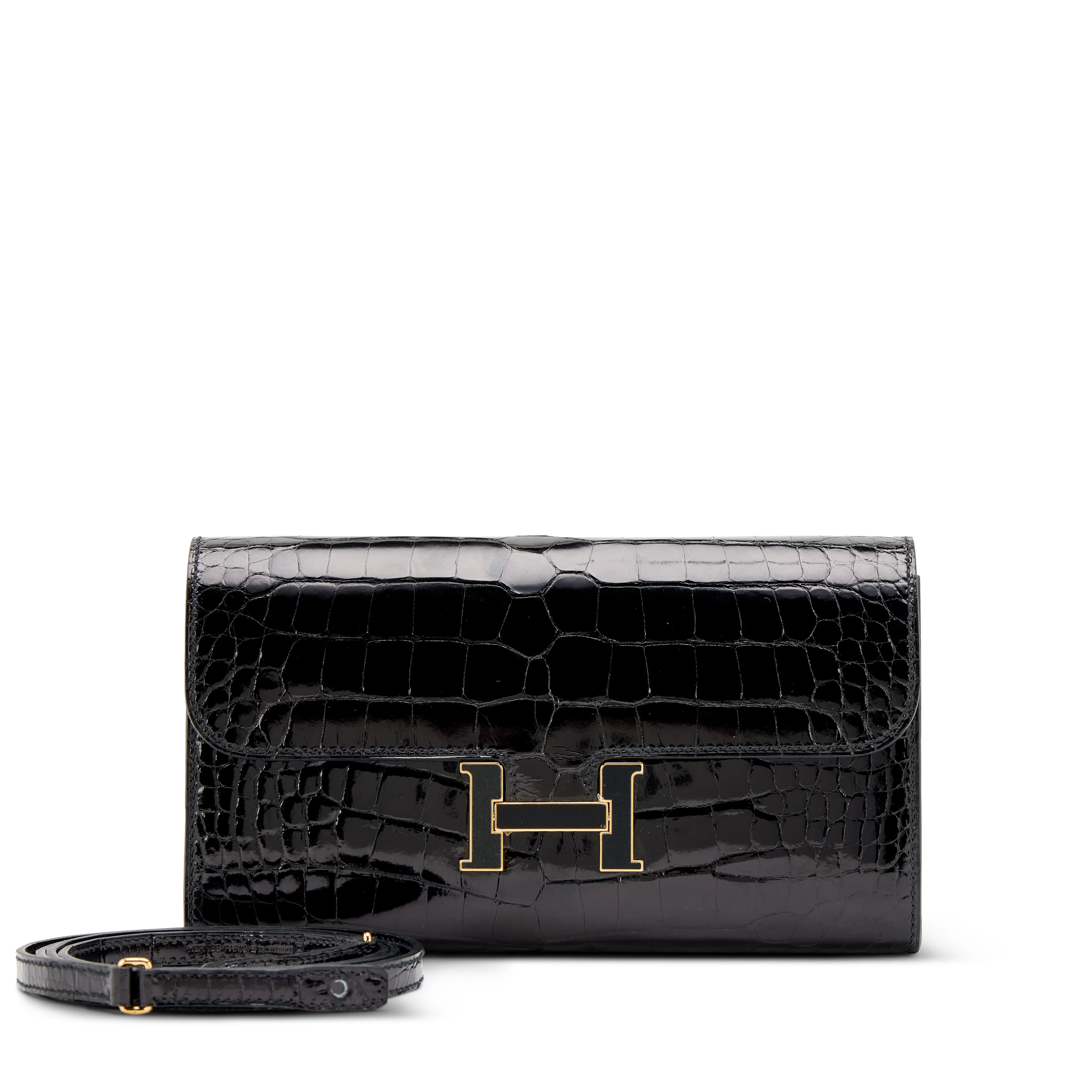 Black Shiny Alligator Constance-To-Go Wallet Black and Gold Enamel