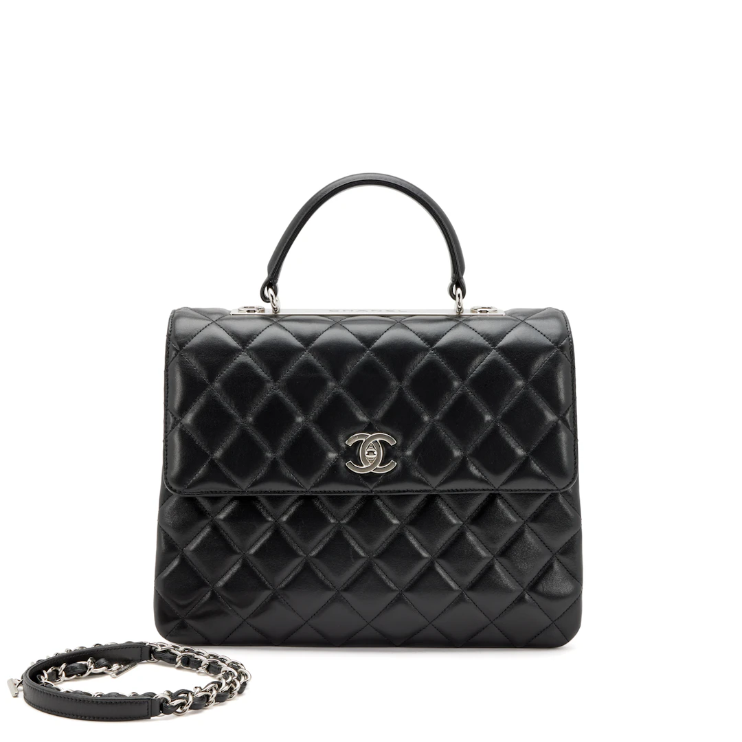 Black Quilted Lambskin Large Trendy CC Top Handle Flap Bag Silver