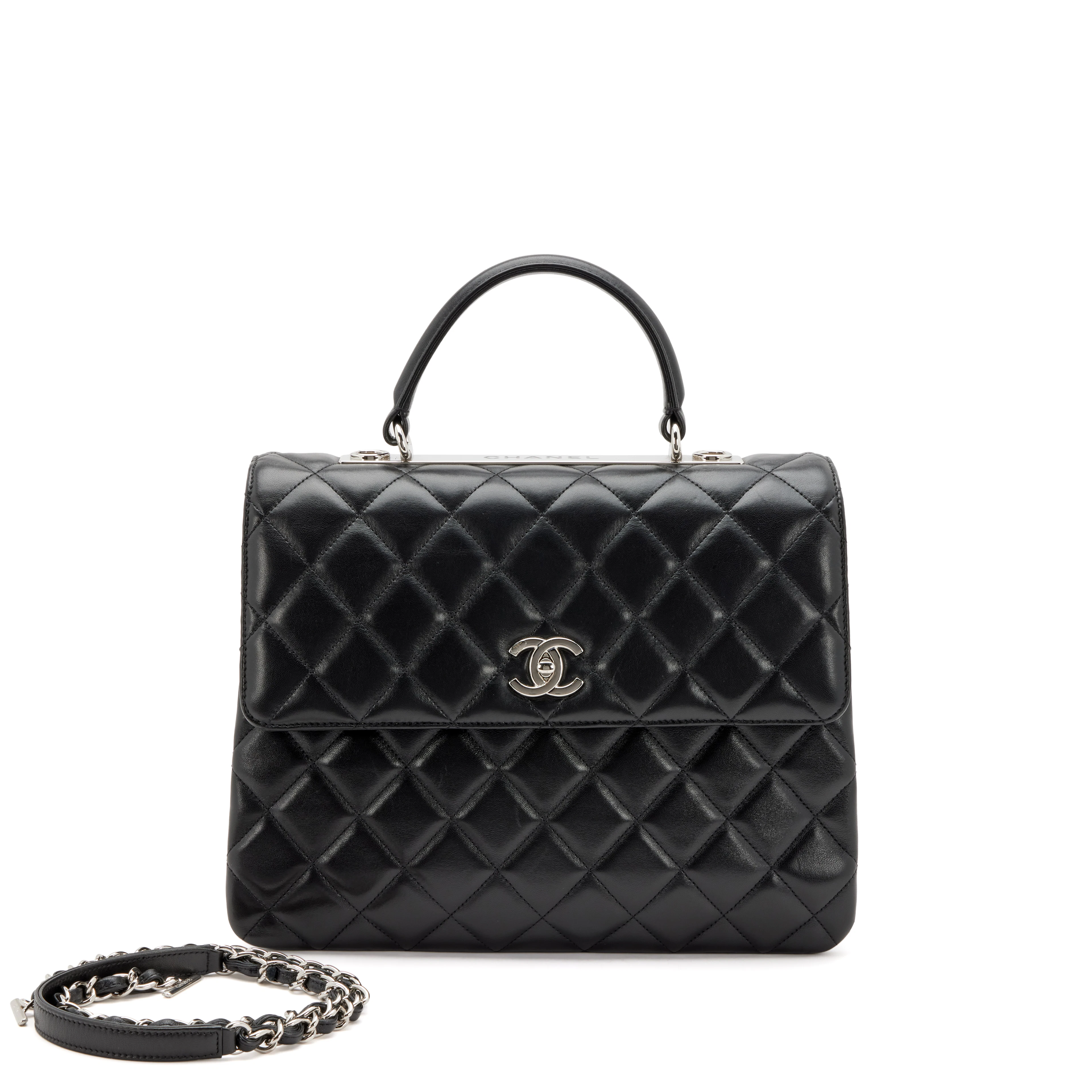 Black Quilted Lambskin Large Trendy CC Top Handle Flap Bag Silver