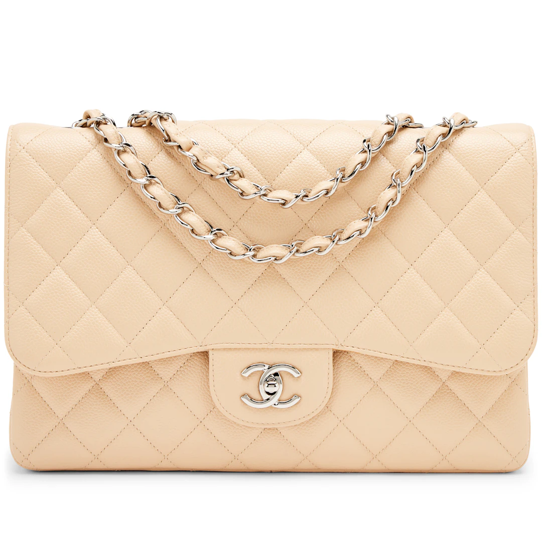 Beige Clair Quilted Caviar Classic Jumbo Single Flap Bag Silver Hardware