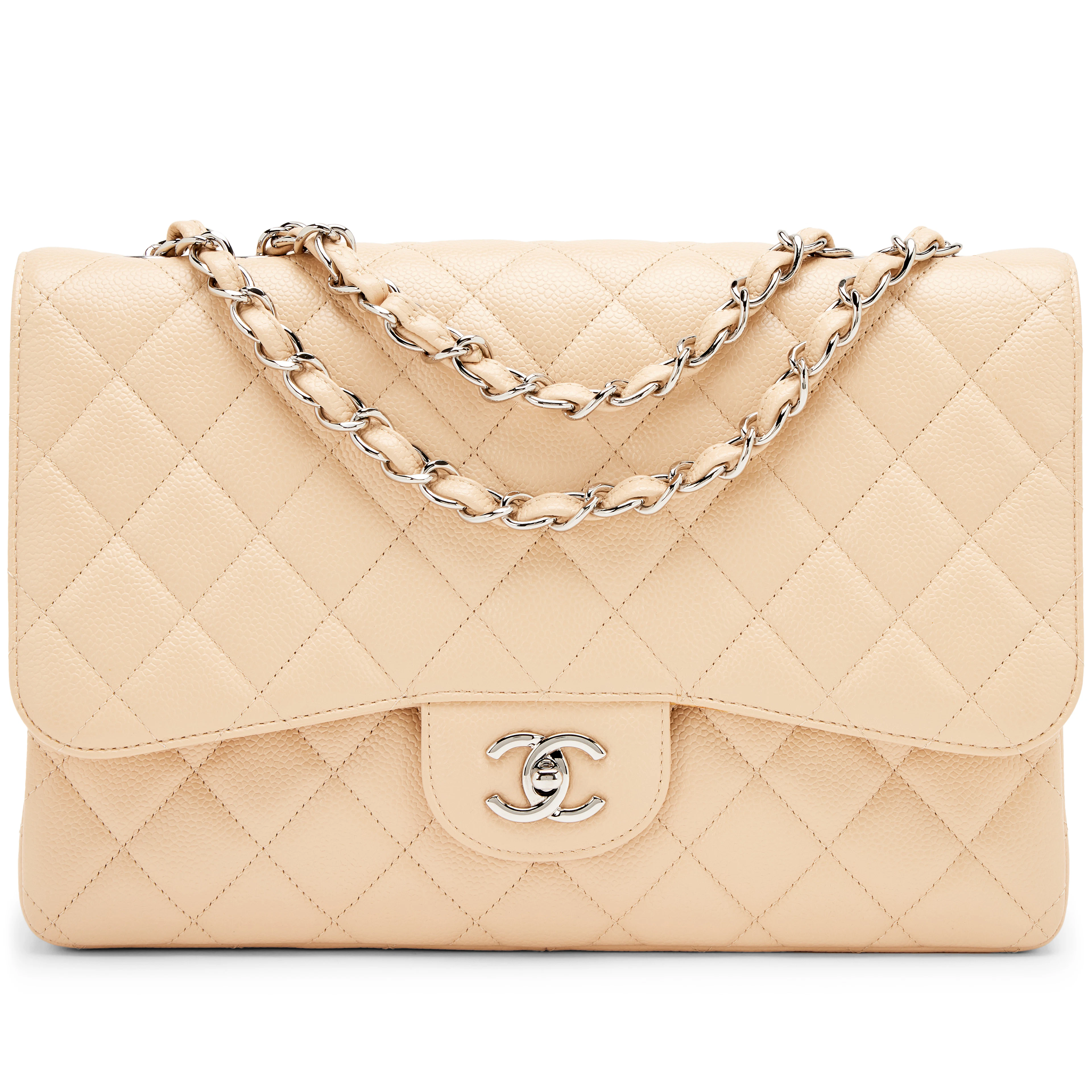 Beige Clair Quilted Caviar Classic Jumbo Single Flap Bag Silver Hardware