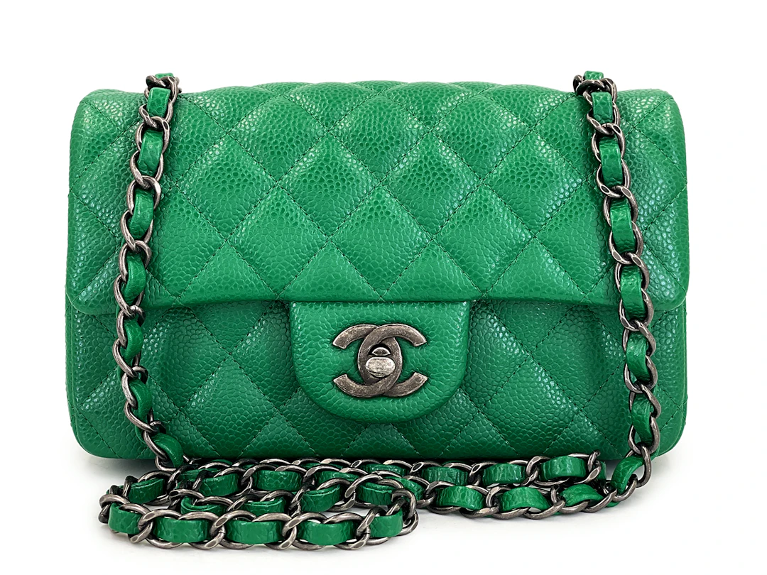 Green Quilted Caviar Mini Rectangular Flap Bag Ruthenium Hardware, 2016