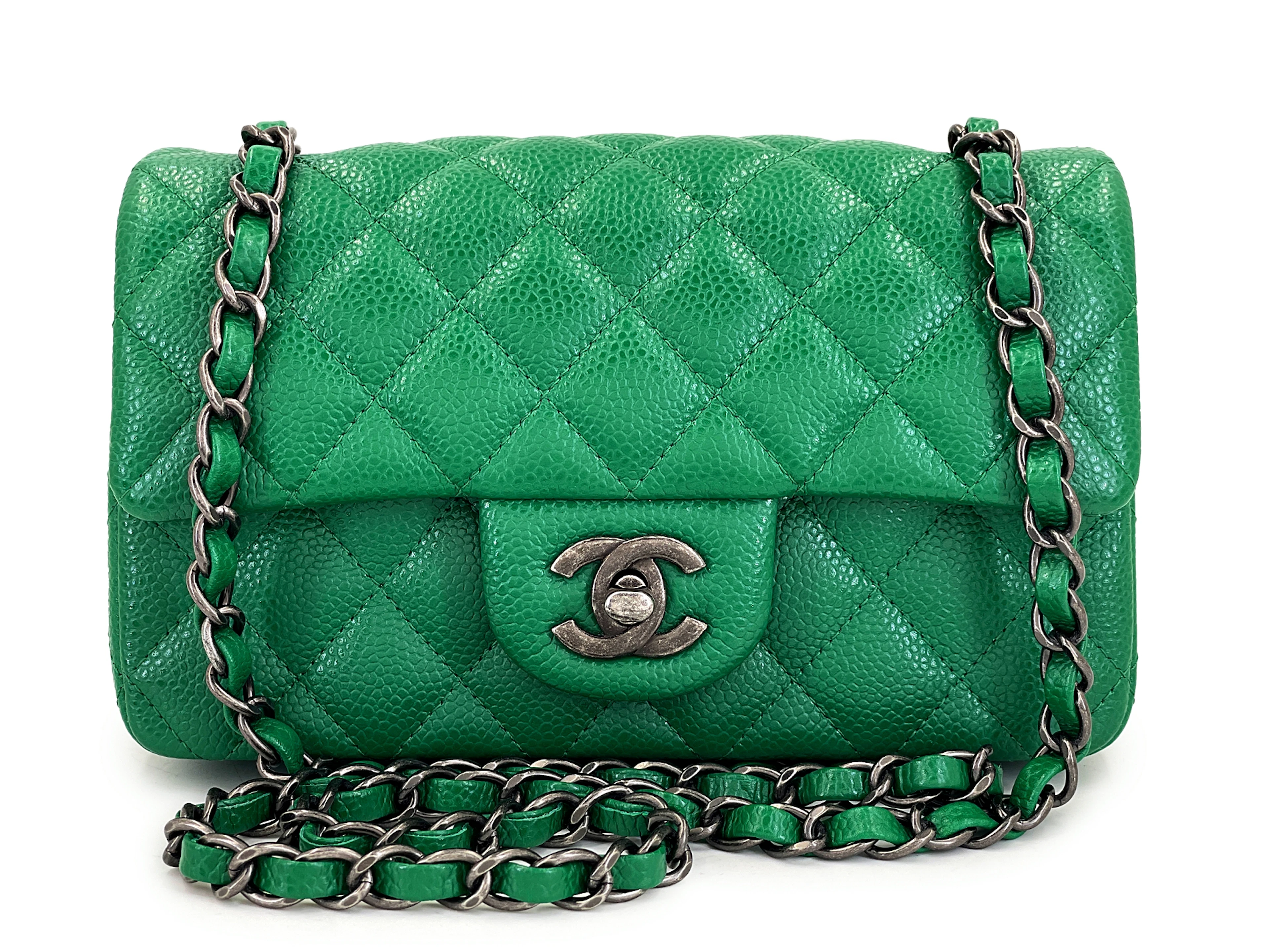 Green Quilted Caviar Mini Rectangular Flap Bag Ruthenium Hardware, 2016