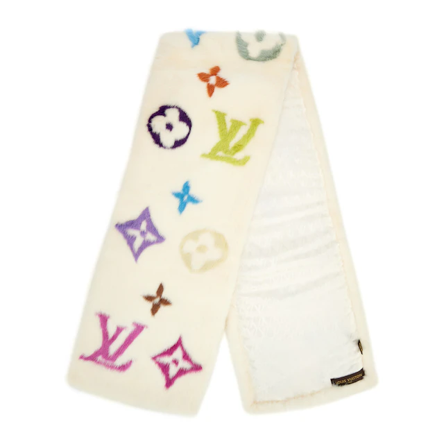 White Multicolor Monogram Mink Stole Long Scarf, 2006