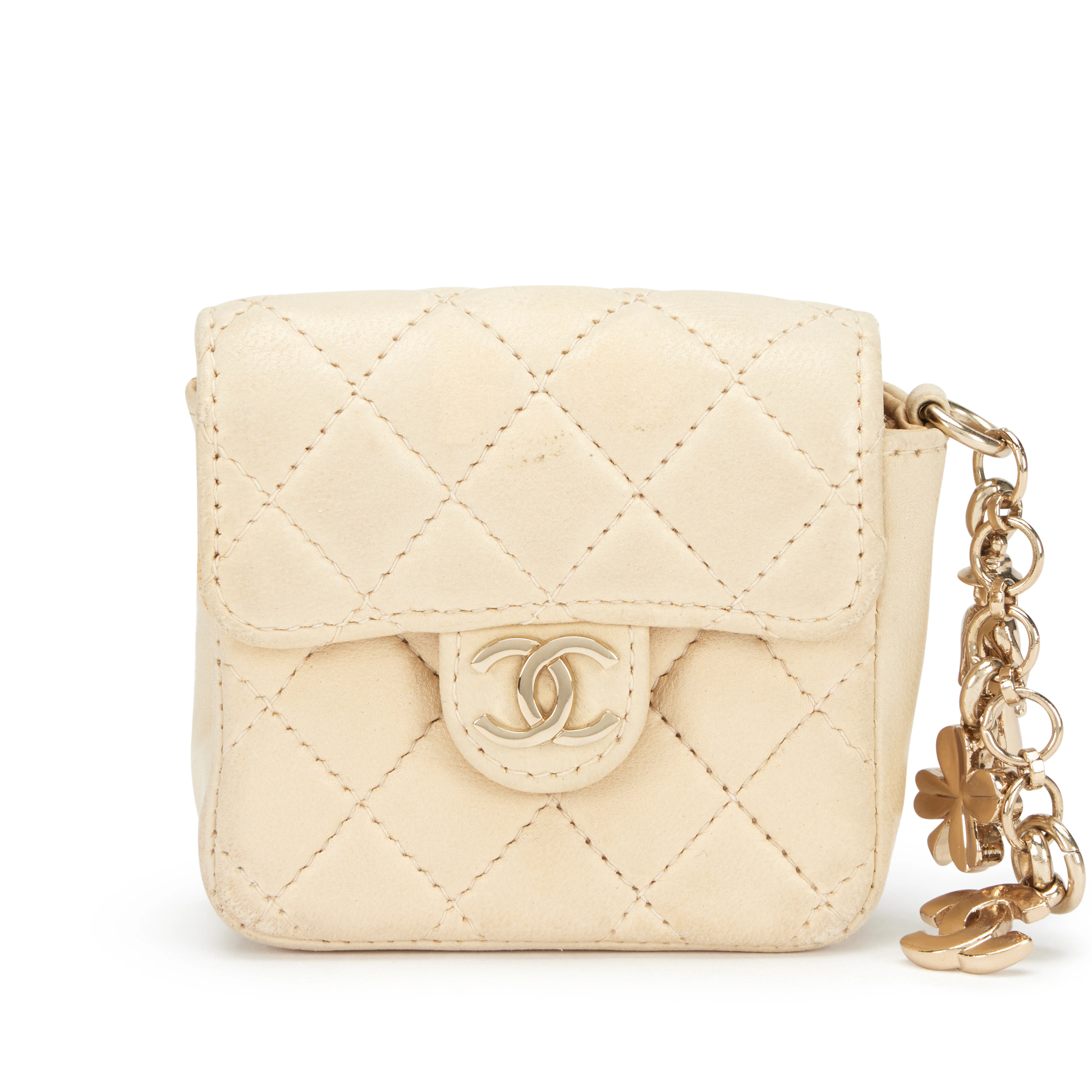 Light Beige Quilted Lambskin Micro Flap Charm Bag Gold Hardware, 2002-2003