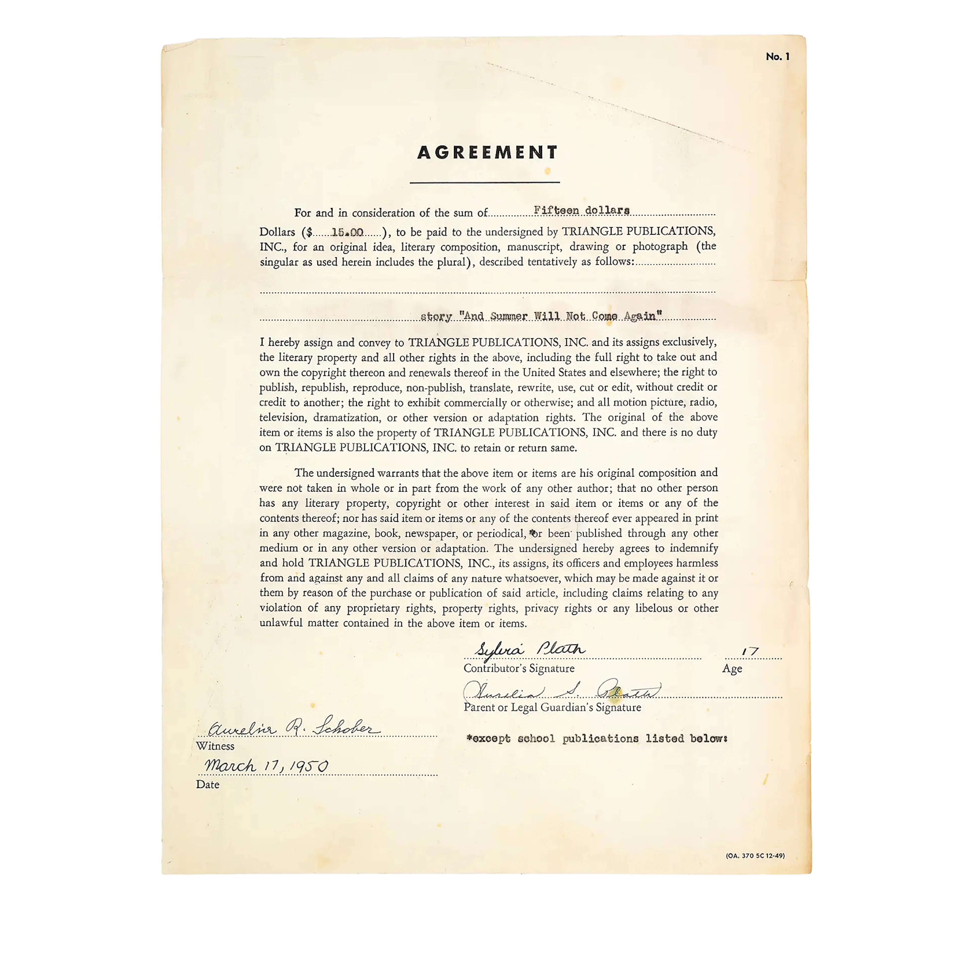 Signed Contract for "And Summer Will Not Come Again"