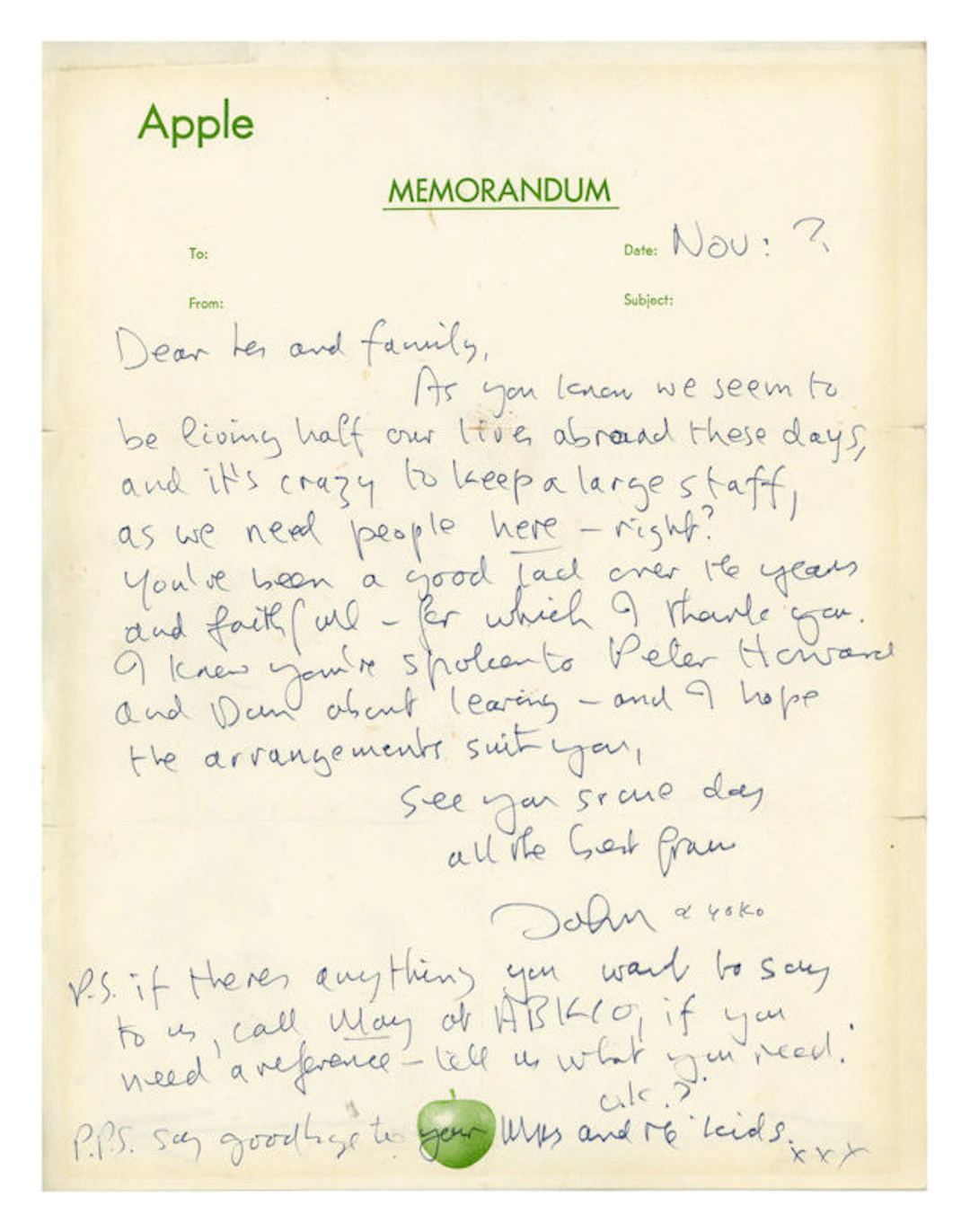 Handwritten Letter from John Lennon and Yoko Ono to their Chauffer