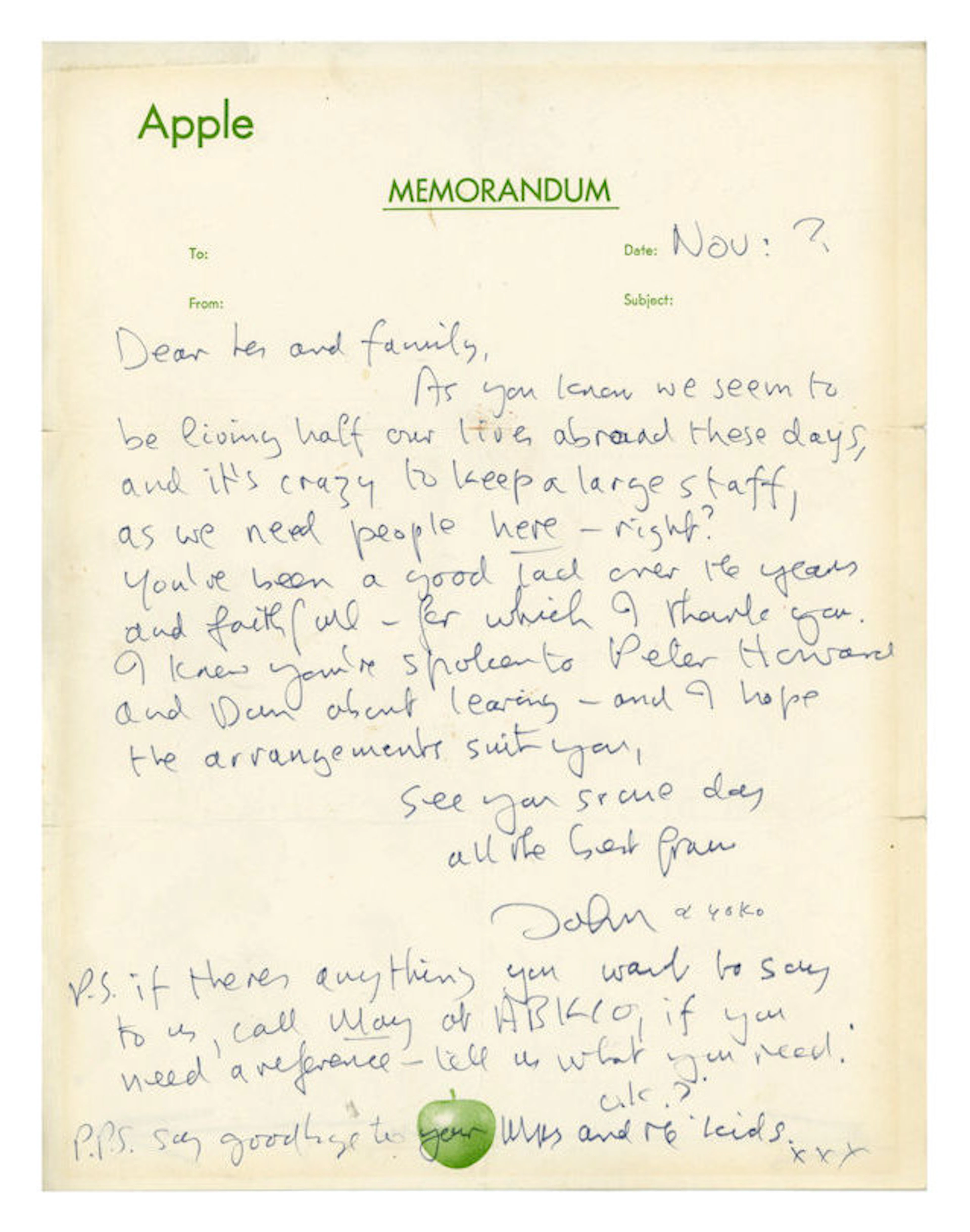 Handwritten Letter from John Lennon and Yoko Ono to their Chauffer
