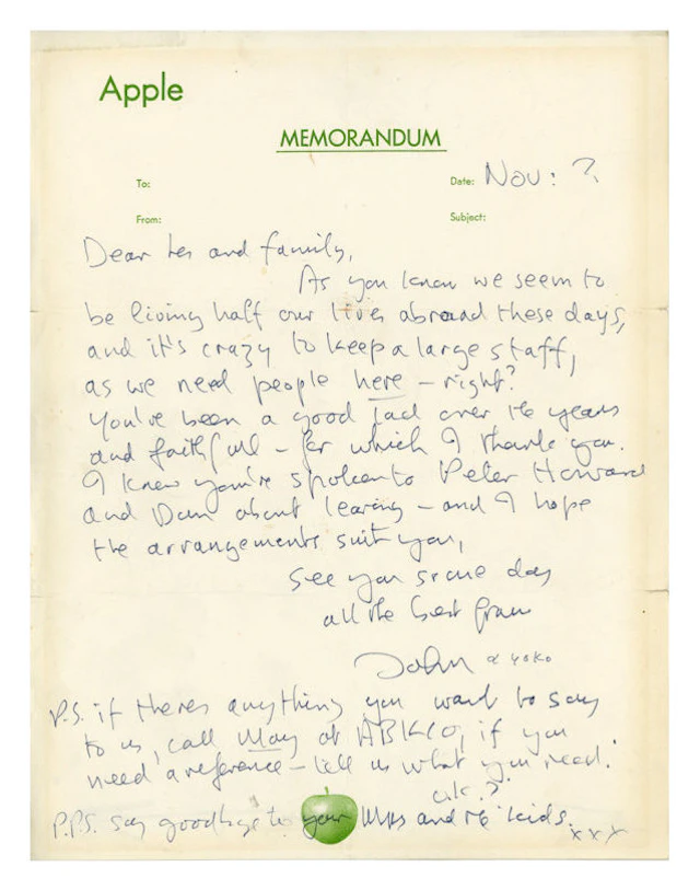 Handwritten Letter from John Lennon and Yoko Ono to their Chauffer