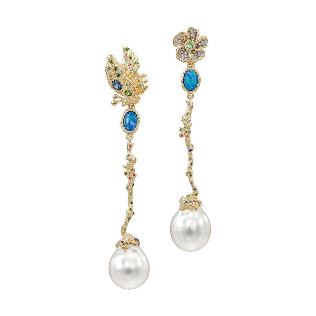 Gold, Cultured Baroque Pearl, Sapphire, Opal, Tsavorite Earrings