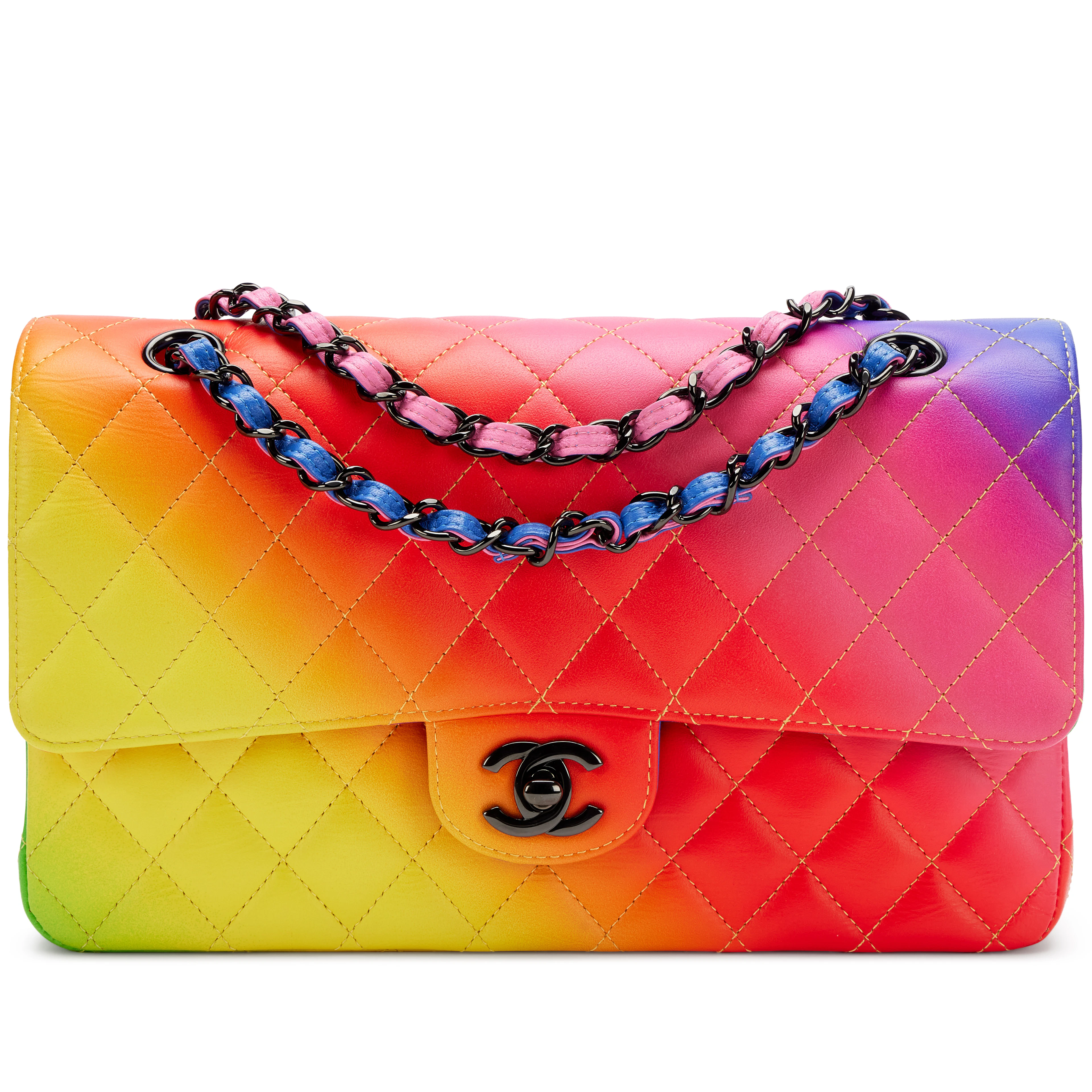 Rainbow Quilted Calfskin Medium Classic Double Flap Bag Black Hardware, 2023