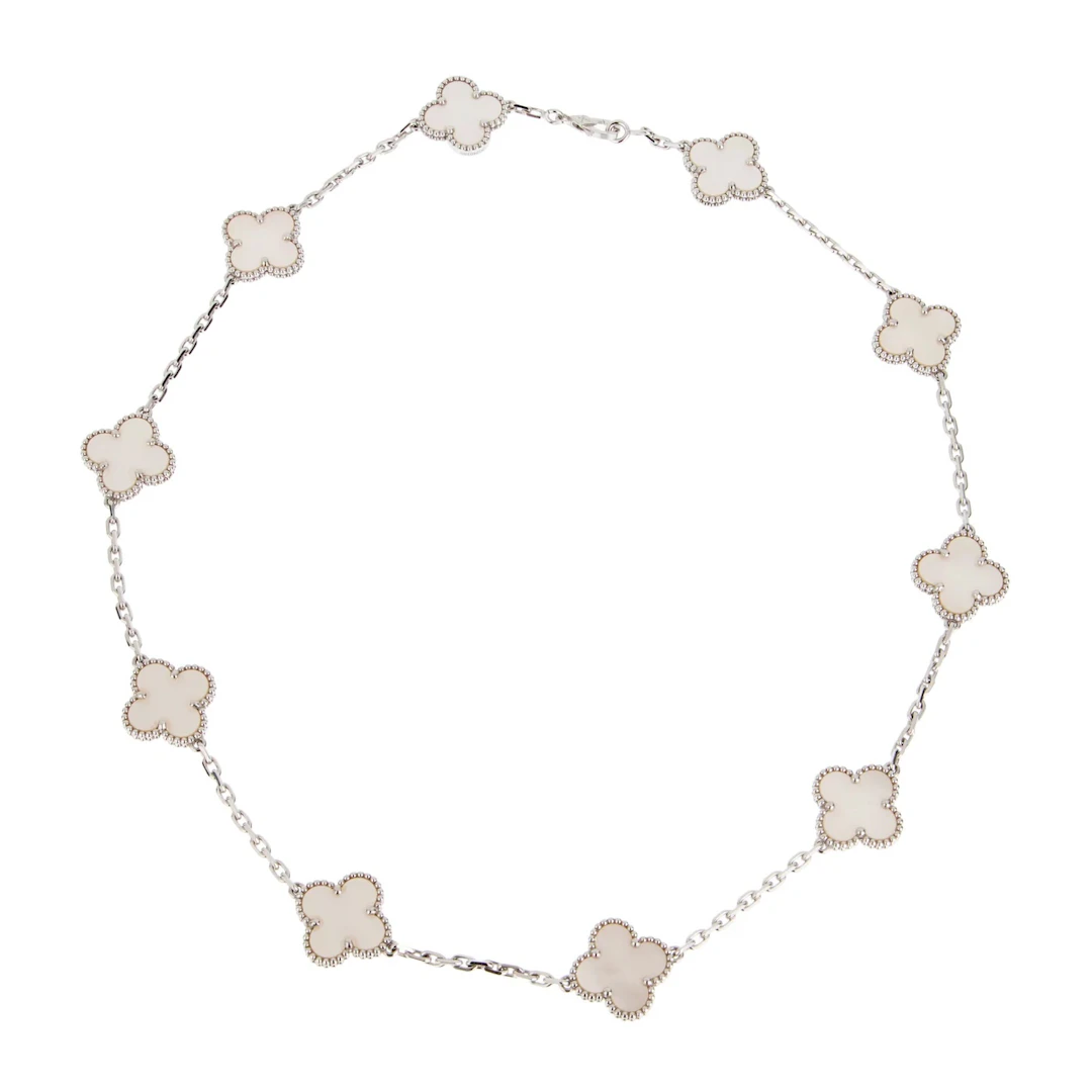 White Gold and Mother of Pearl Vintage Alhambra 10 Motifs Necklace