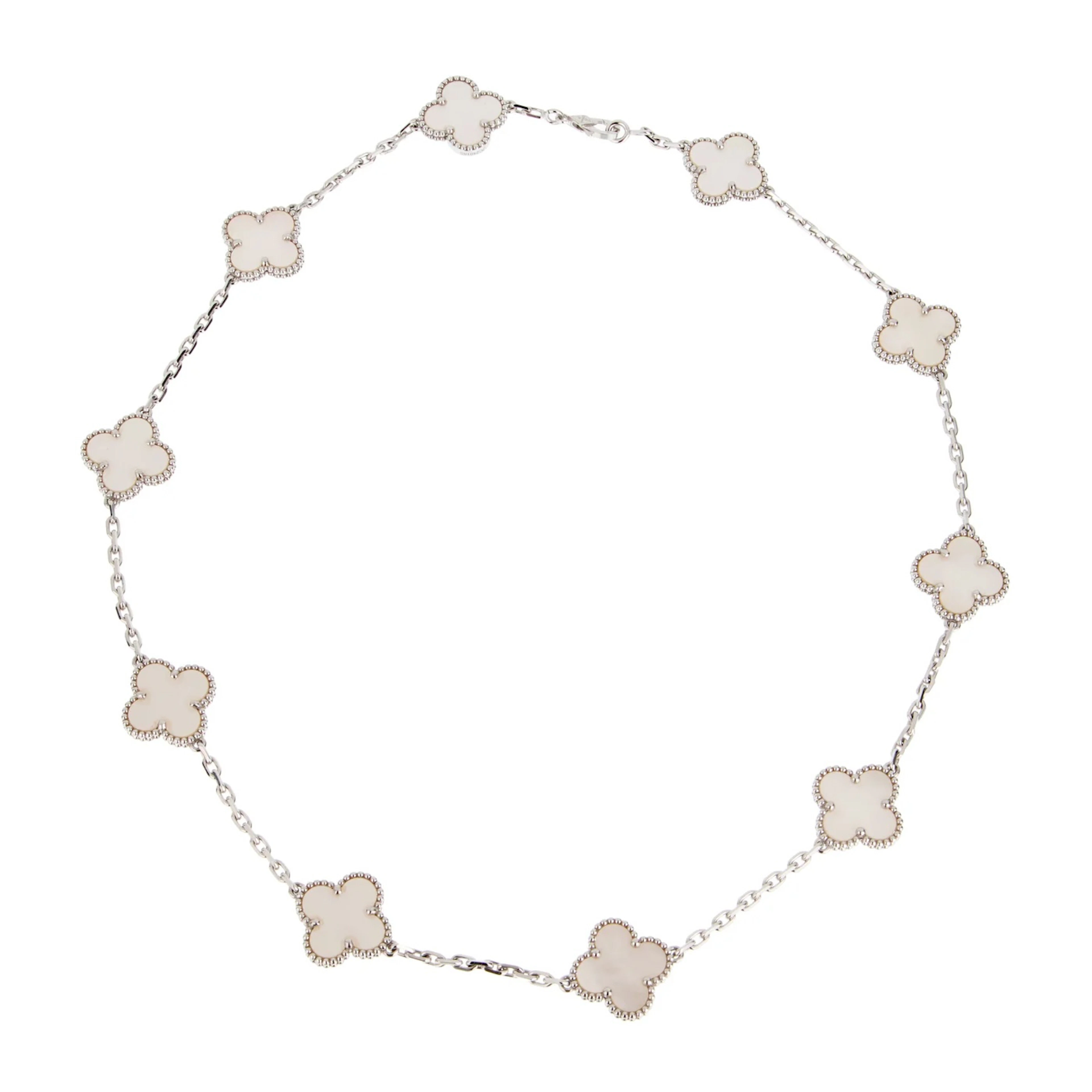 White Gold and Mother of Pearl Vintage Alhambra 10 Motifs Necklace