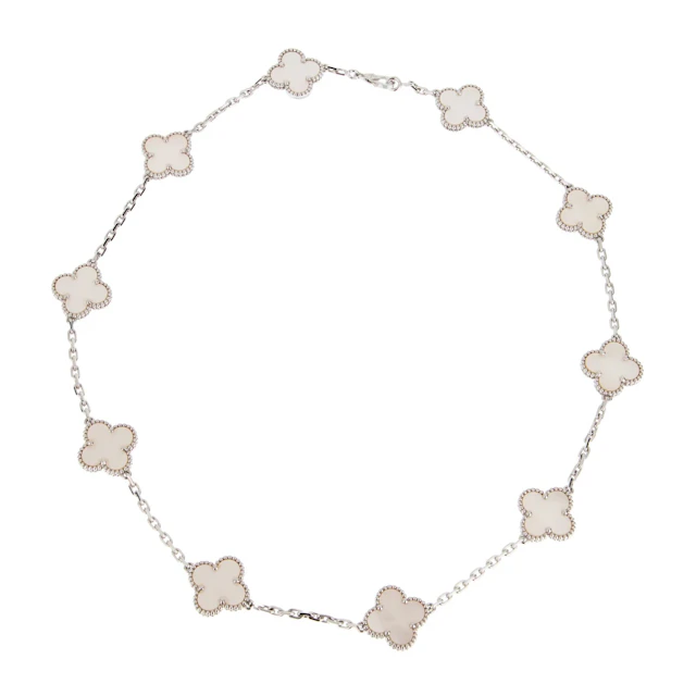 White Gold and Mother of Pearl Vintage Alhambra 10 Motifs Necklace