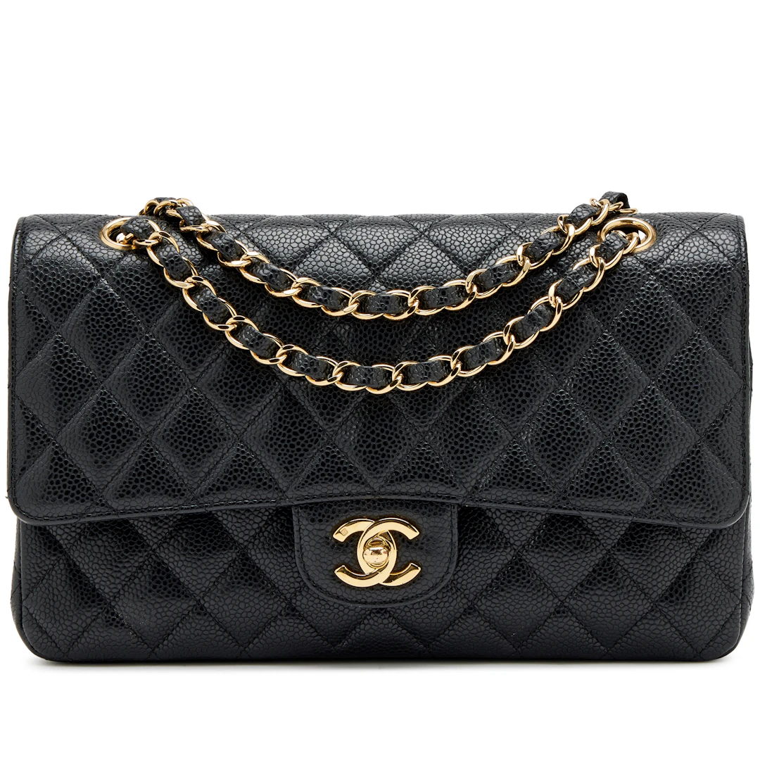 Vintage Black Quilted Caviar Medium Classic Double Flap Bag Gold Hardware