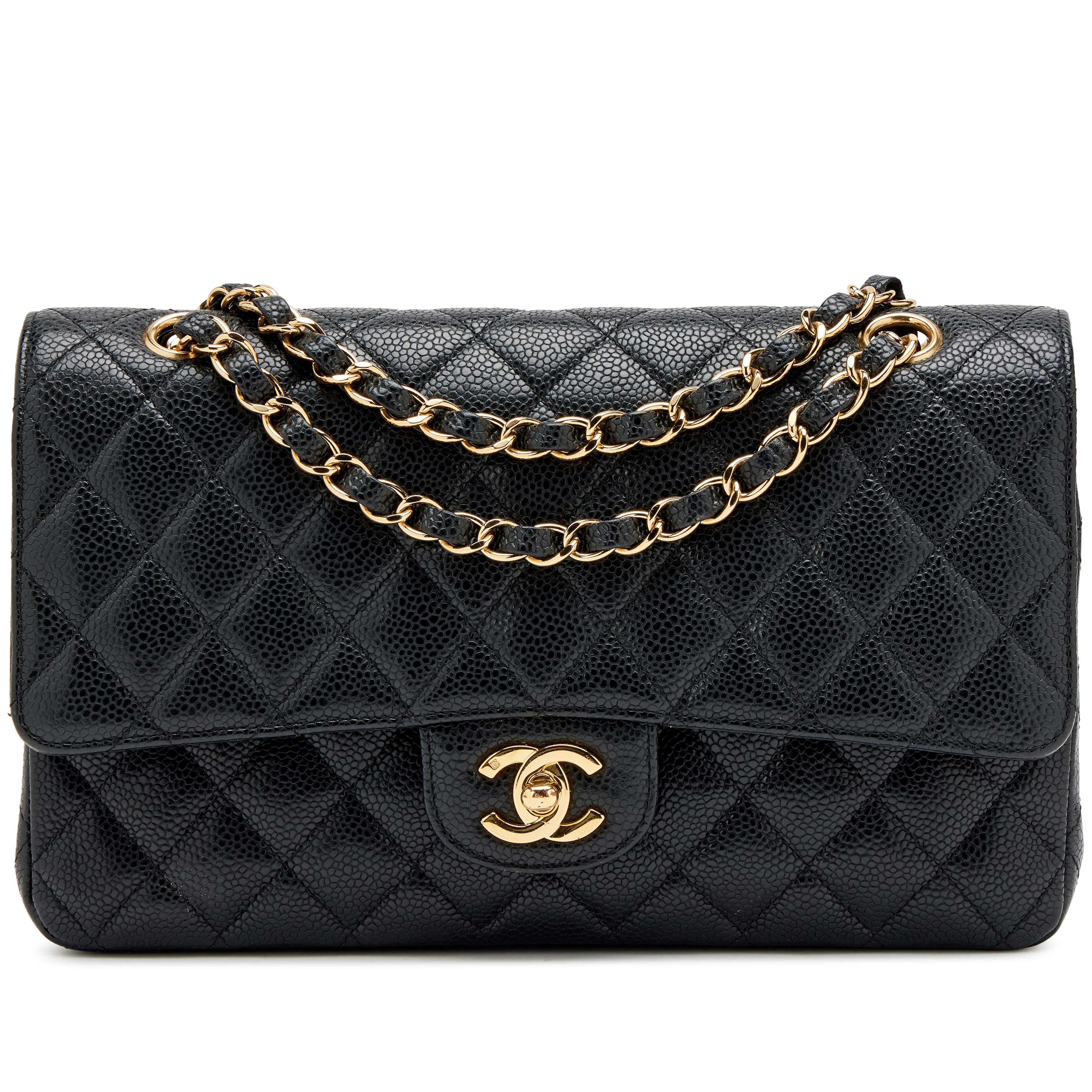 Vintage Black Quilted Caviar Medium Classic Double Flap Bag Gold Hardware