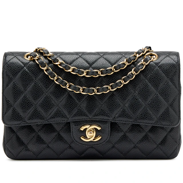Vintage Black Quilted Caviar Medium Classic Double Flap Bag Gold Hardware