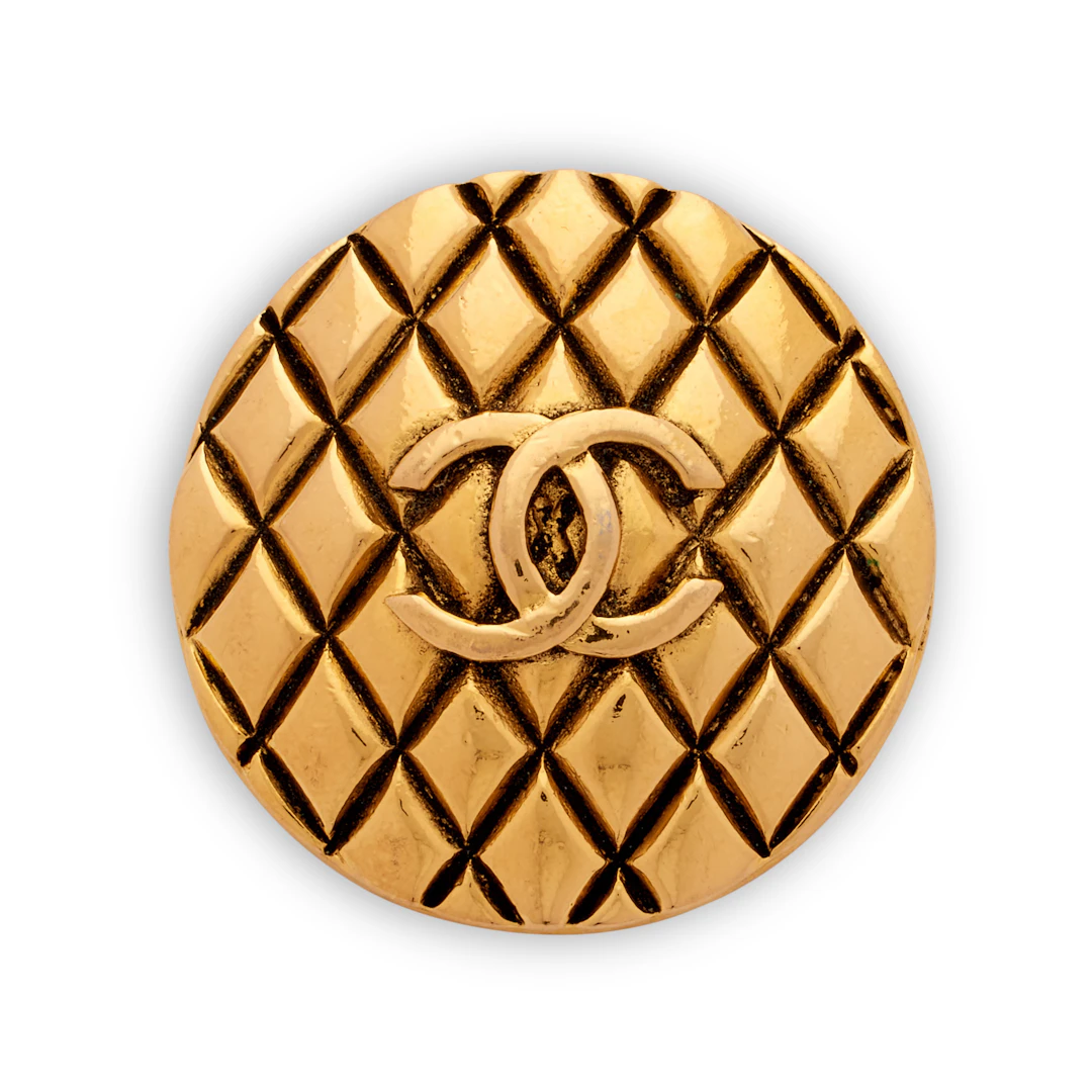 Gold Metal Quilted CC Brooch, 1980s