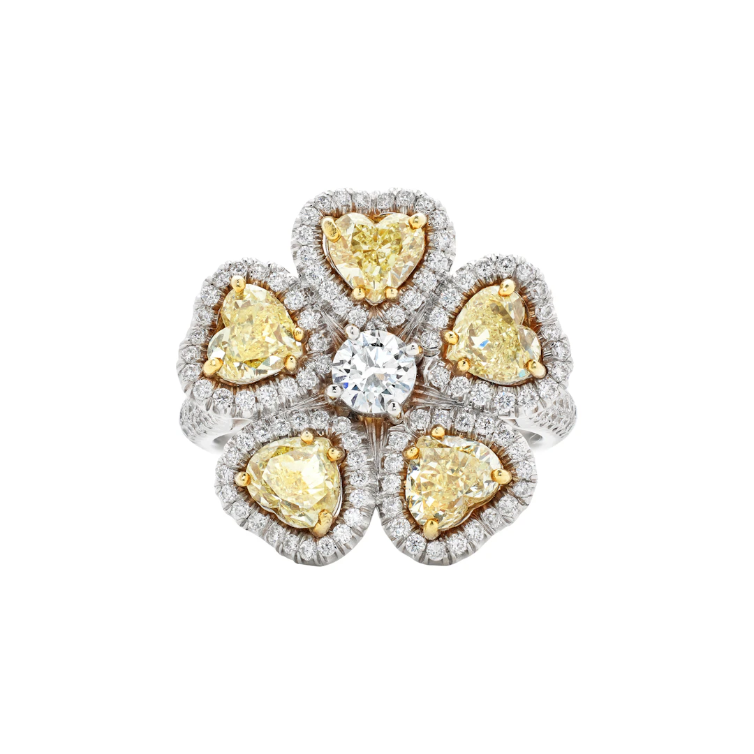 White Gold, Gold, Yellow Diamond and Diamond Flower Ring