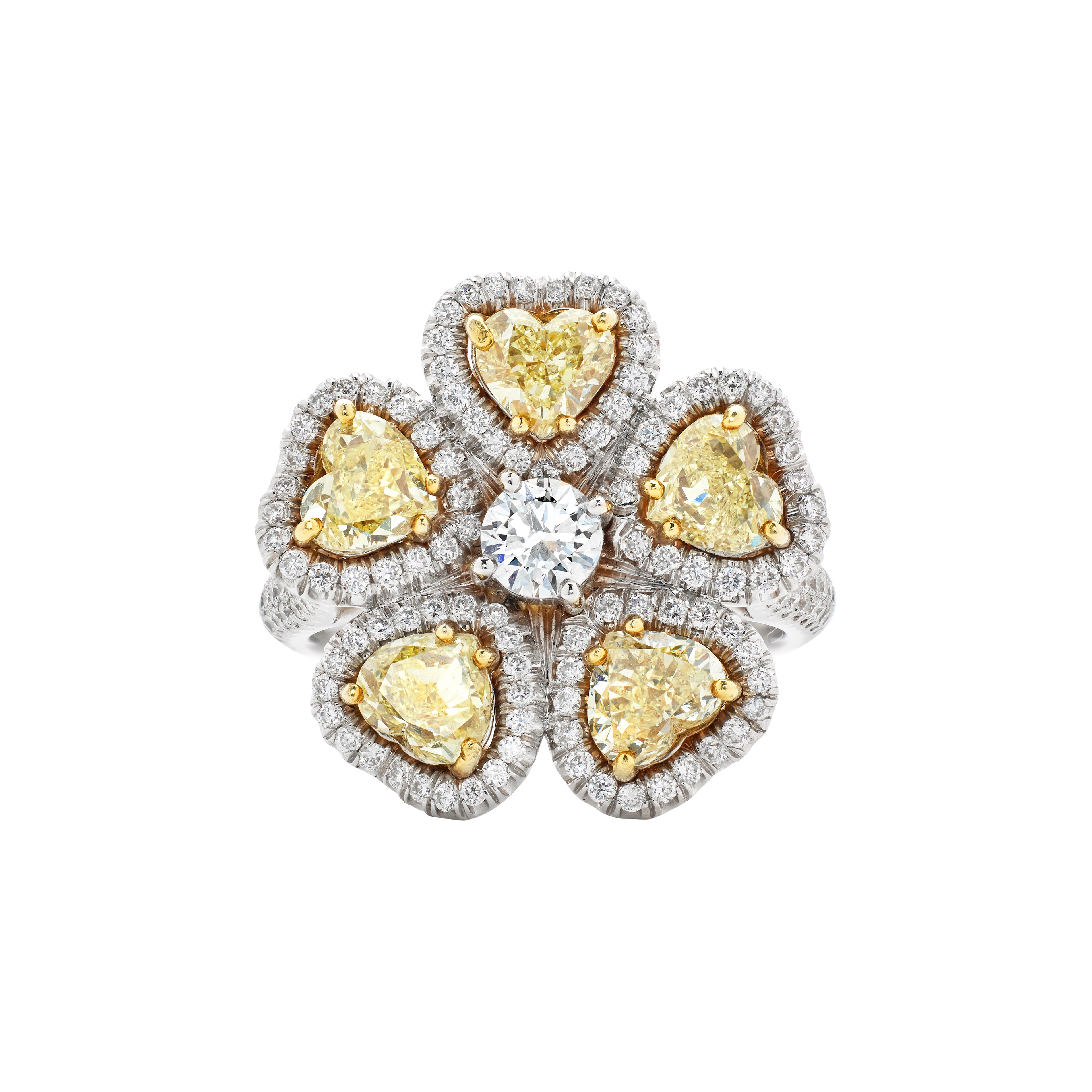 White Gold, Gold, Yellow Diamond and Diamond Flower Ring
