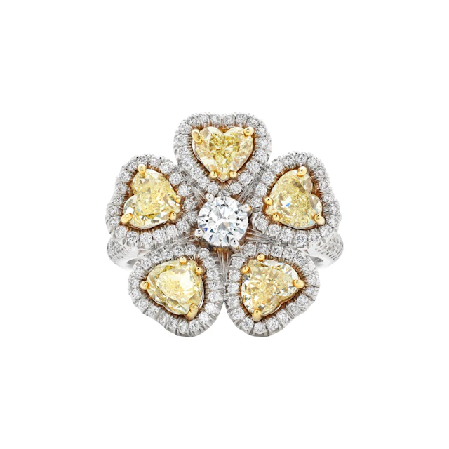 White Gold, Gold, Yellow Diamond and Diamond Flower Ring