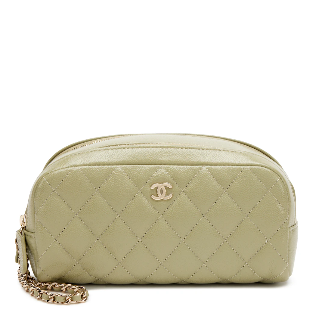 Light Army Green Quilted Caviar Double Zip Cosmetic Pouch with Chain