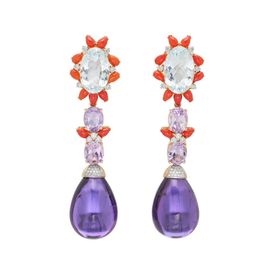 Gold, Aquamarine, Amethyst, Coral and Diamond Drop Earclips