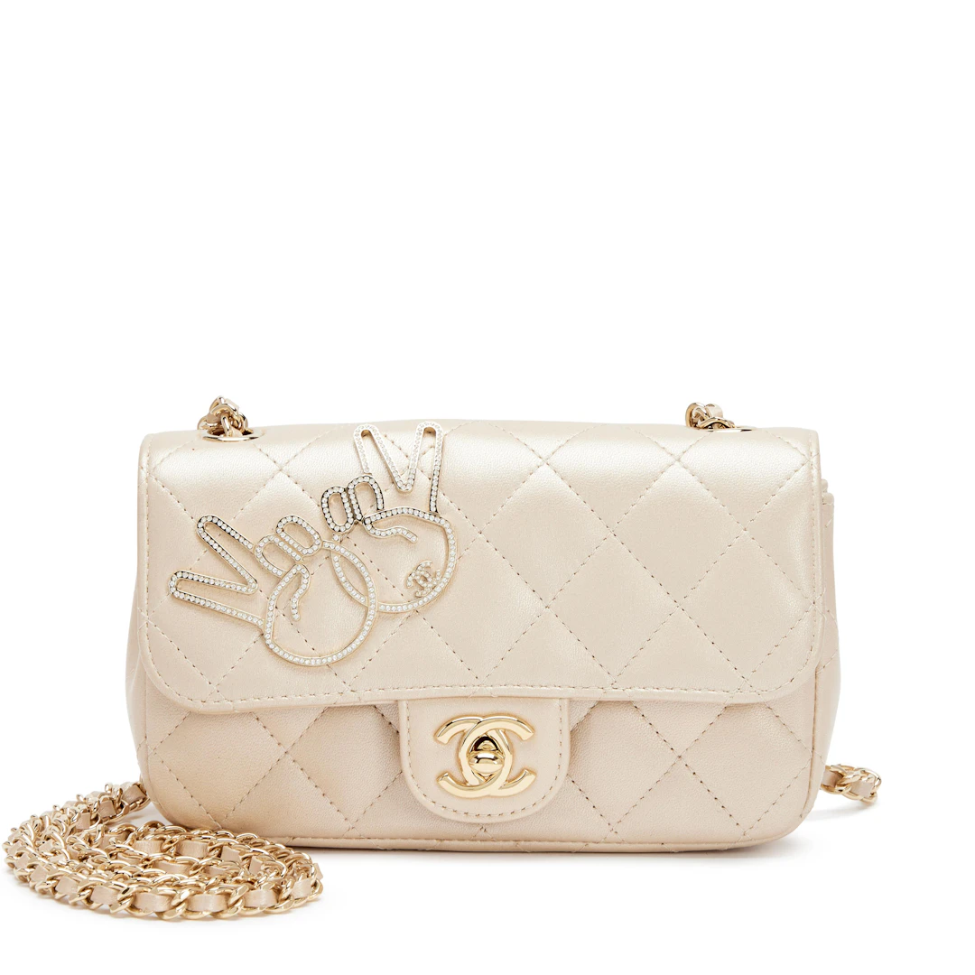 Light Gold Quilted Lambskin and Strass V for Victory Mini Rectangular