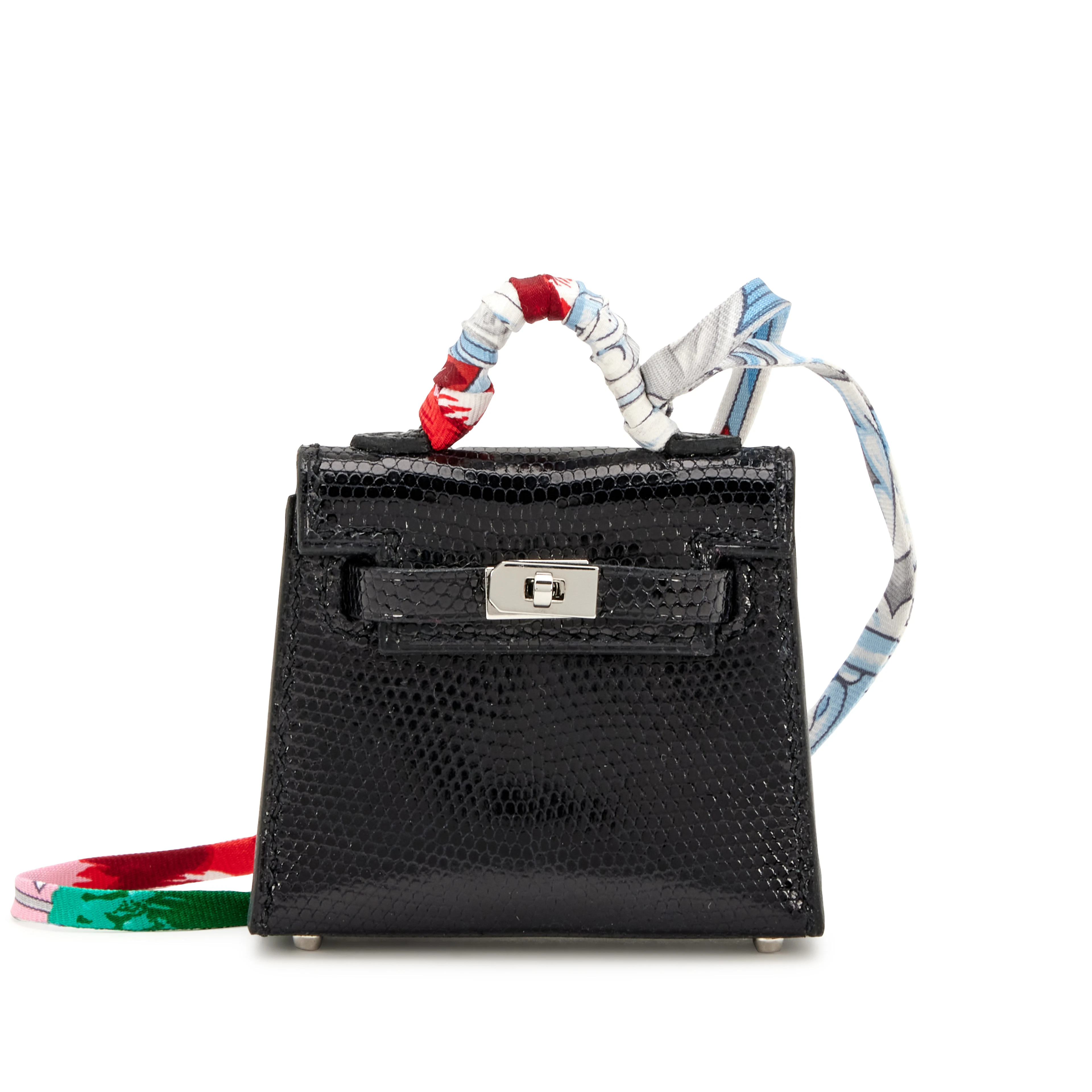 Black Shiny Niloticus Lizard Micro Mini Twilly Kelly Bag Charm Palladium